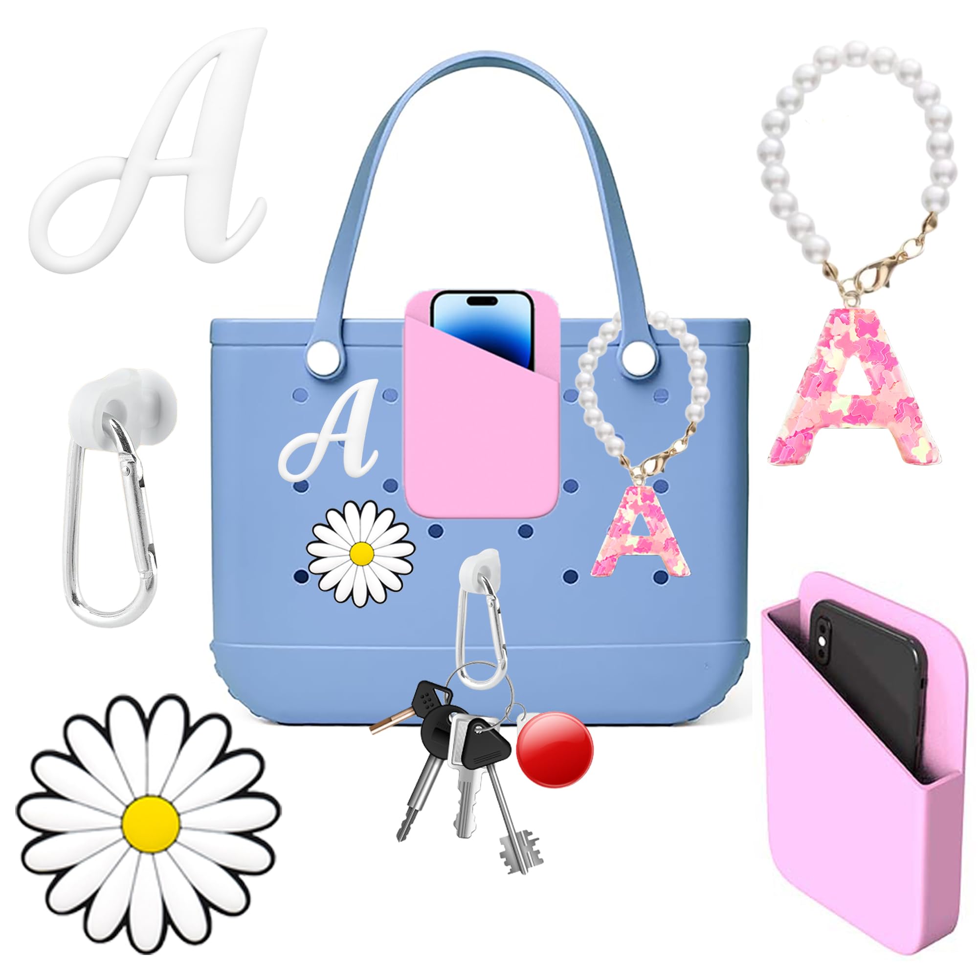 Silicone Phone Holder for Bogg Bag - 6PCS Bogg Bag Accessories Contains Phone Holder and Letter Charms and Key Holder, Insert Pattern Decorations with