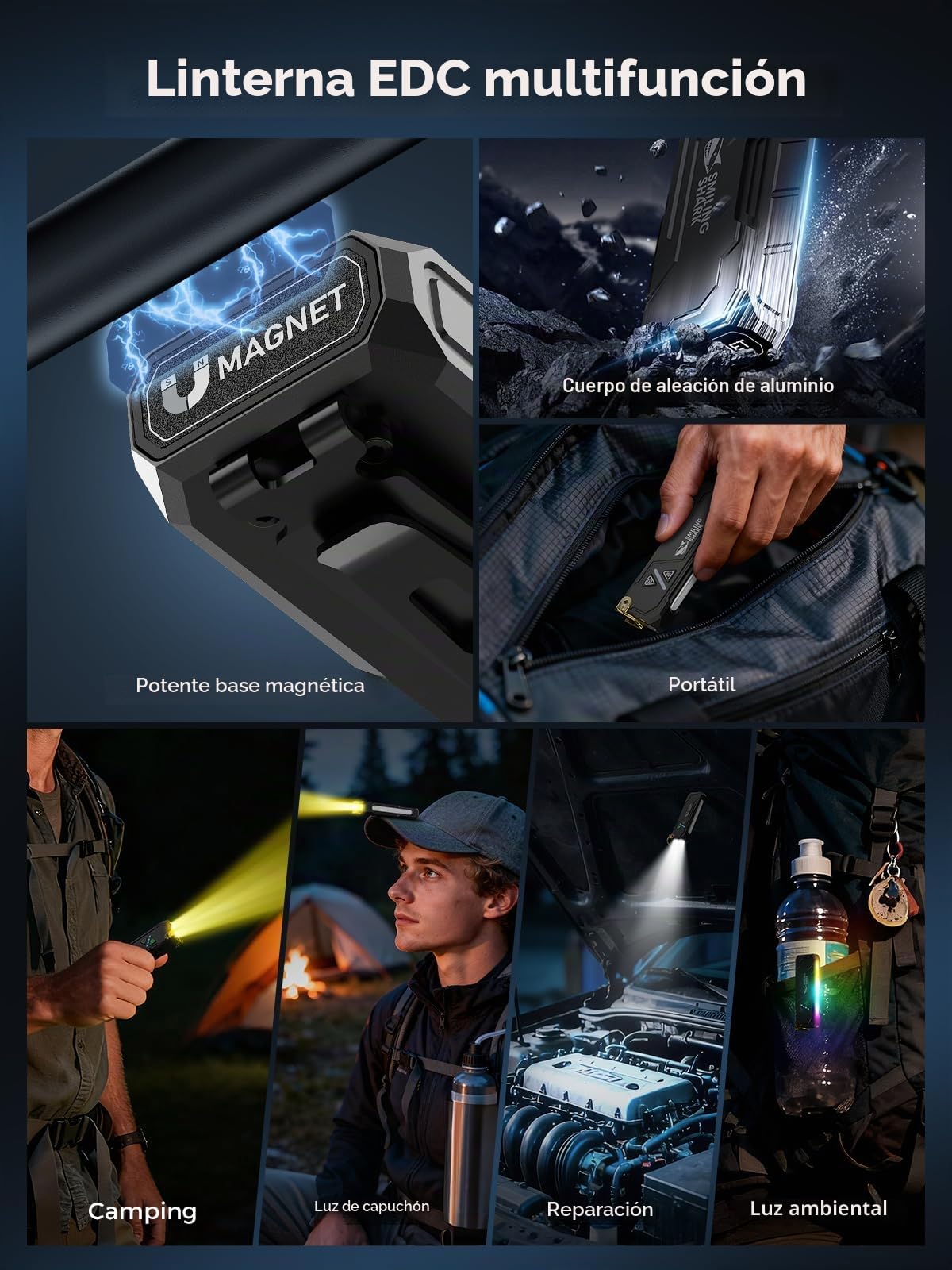 Smiling Shark Linterna ML01, Linterna LED Recargable USB Magnética con Luz Blanca & Amarilla & Púrpura & Luz Lateral RGB Flashlight Compacta Mini con Clip para Camping Senderismo Emergencias (Negro)