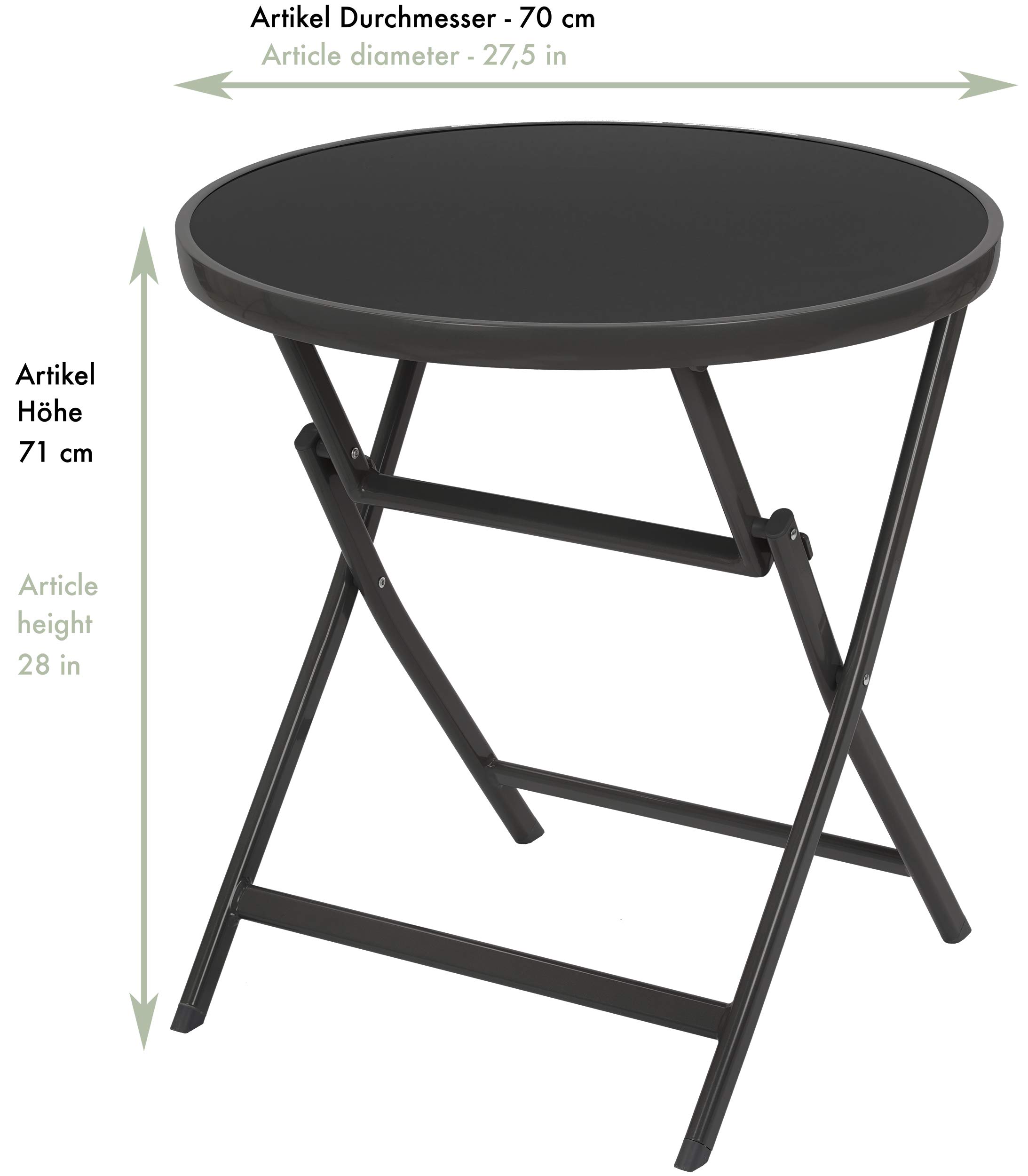 BRUBAKER Riva Set de Conjunto Muebles Jardín 3 Piezas - 1 Mesa de Vidrio Redonda 70 cm Ø - con 2 Sillas de Respaldo Alto - Antracita | 1 mesa plegable de cristal redonda de 70 cm de diámetro con 2 sillas de respaldo alto