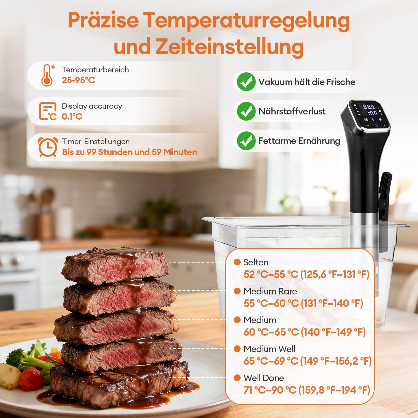 1100W Smart Sous-Vide-Garer mit WLAN-App, Umwälzthermostat ±0,1°C, 4D-Heizsystem, Temperaturbereich 25–95°C, Edelstahl-Schongarer für die heimische Küche