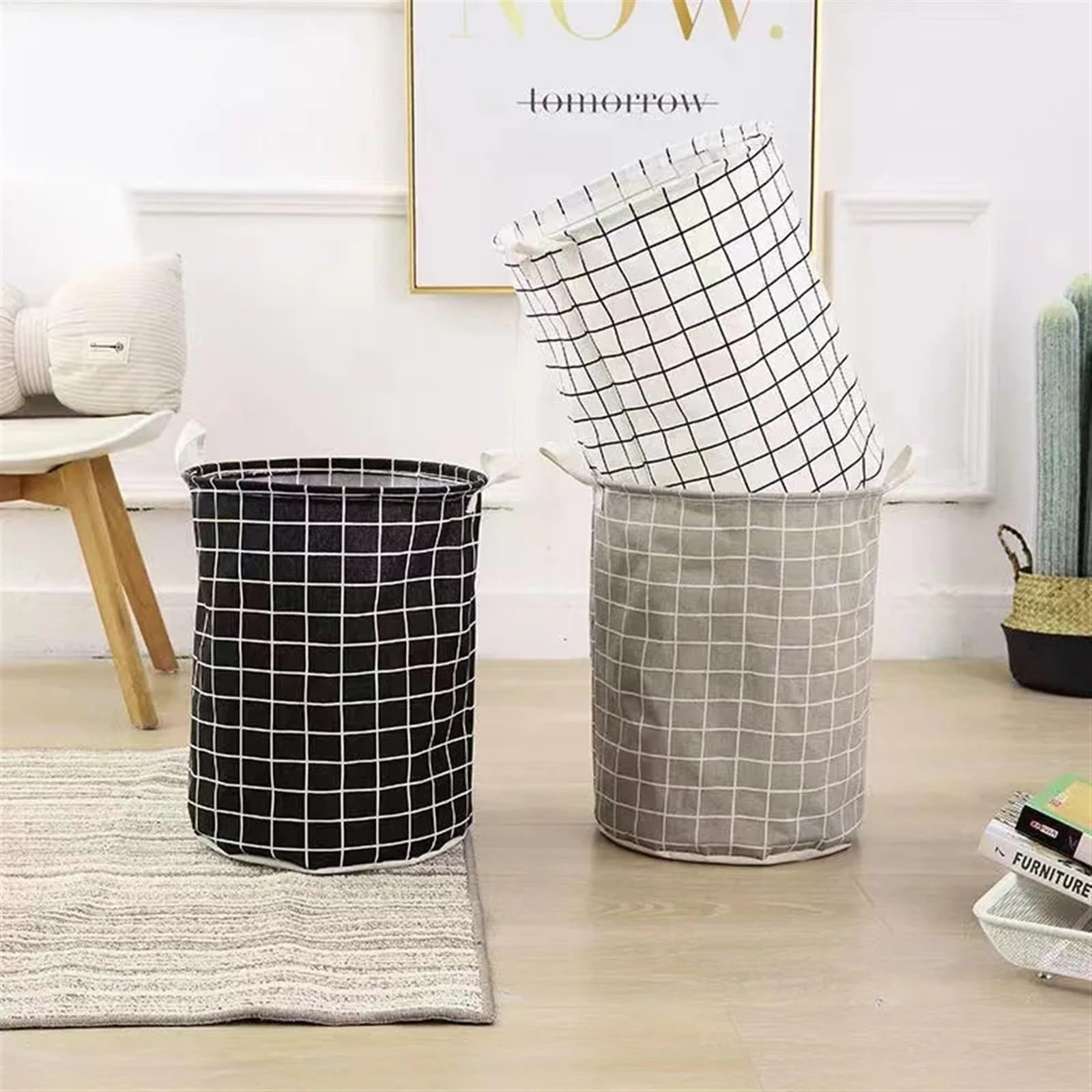 MRKU Cesta de Ropa Plegable Almacenamiento doméstico Cubo de Juguetes para Ropa Sucia Tela a Cuadros Algodón Lino Ropa Sucia Grande Plegable Impermeable