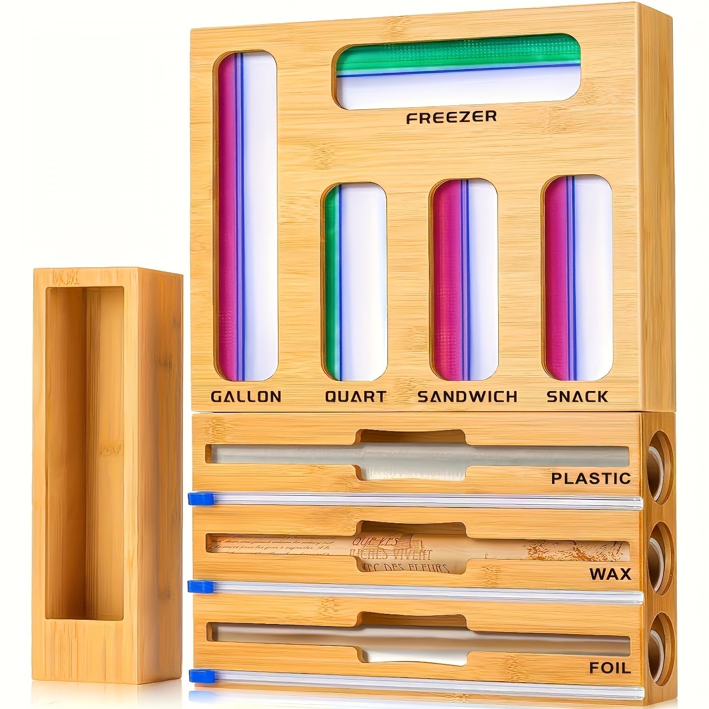 Photo 1 of LDQ 9-in-1 Shatterproof Square Bamboo Storage Box - Aluminum Foil Dispensr with Cutter, Reusable Quarter Multi-Functional Sealed Bag Organizer for Kitchen Drawers, Walls, and Cabinetse