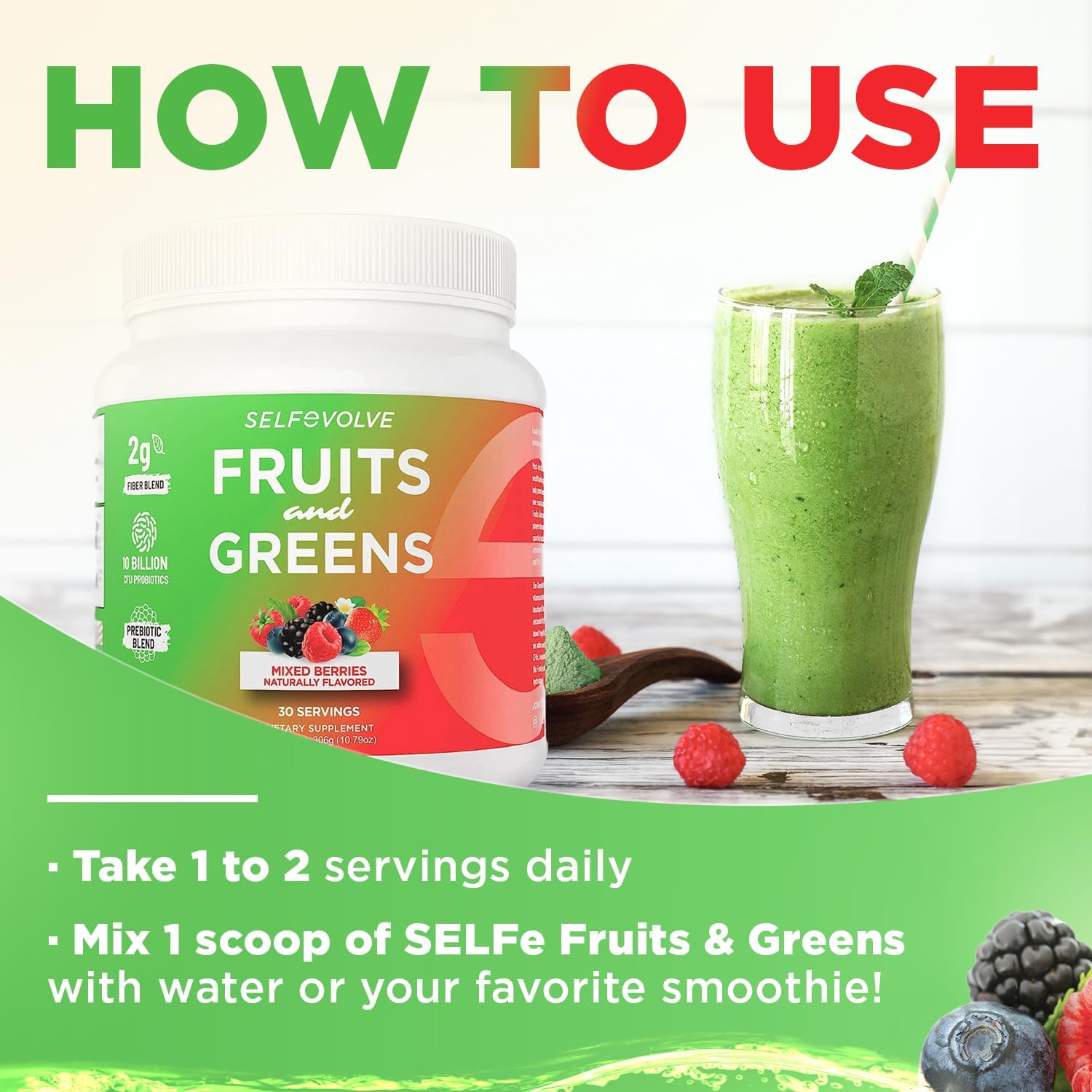 Fruits and Greens Organic Probiotic Powder: 30 Servings for Men & Women. Vegan with 10 Billion CFUs, Spirulina, Kale, Spinach, Chlorella, Elderberry, Digestive Enzymes - Probiotics