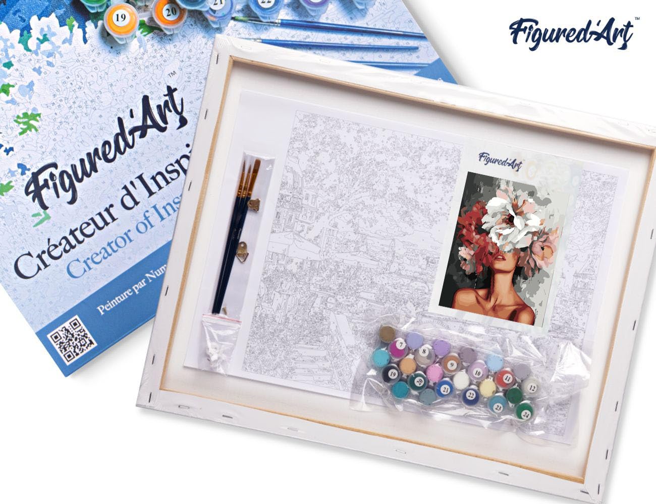 Figured'Art Malen Nach Zahlen Erwachsene Mit Rahmen Schönheit hinter Blumen - Paint by Numbers Basteln DIY Bastelset 40x50cm - Leinwand gespannt auf Holzrahmen