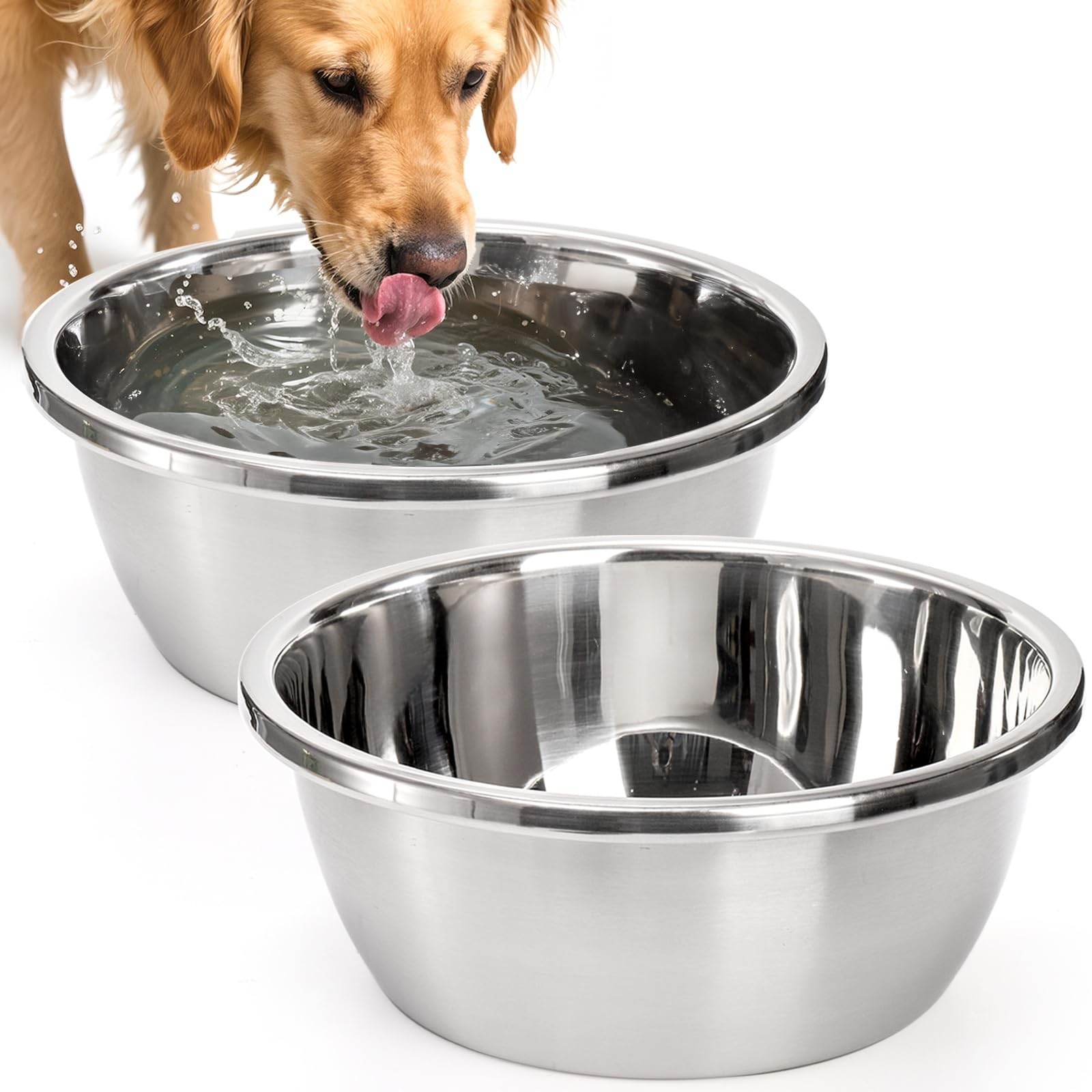 WRINGKIT Paquete de 2 cuencos de acero inoxidable para perros, 26 tazas de profundidad, cuencos gruesos de apertura de 12 pulgadas de ancho, cuencos resistentes para gatos, perros grandes y