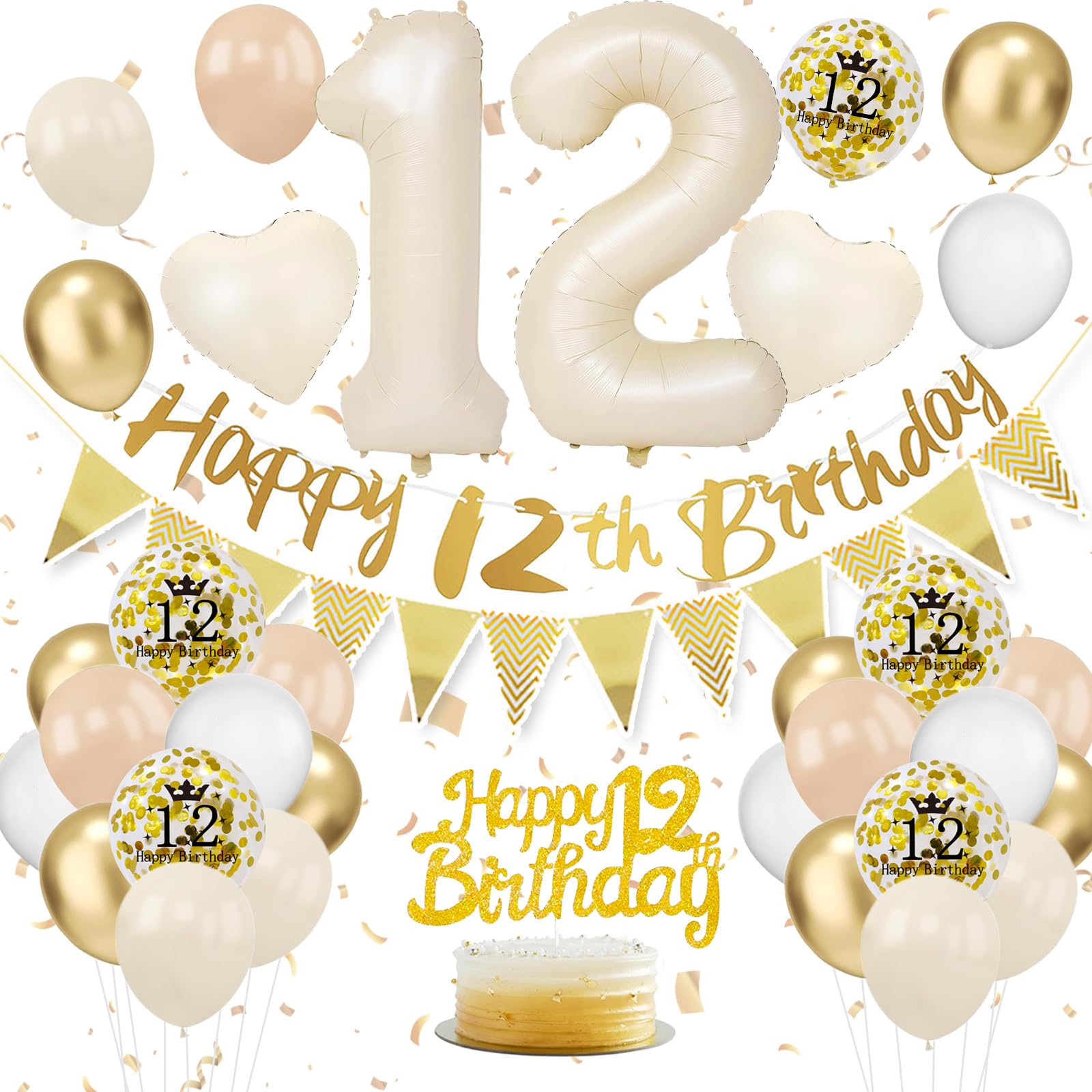 12. Geburtstag Deko Beige, Luftballon Deko 12. Geburtstag Junge Mädchen, Geburtstagsdeko 12 Jahr, Grün Weiß Gold Luftballons 12 Geburtstags mit Banner Tortendeko für Geburtstags Party Dekoration