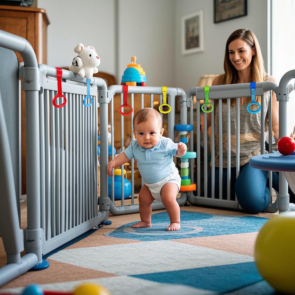 Baby Pull up Rings,playpen Accessories,Baby Toddler Walking Assistant Pull up Ring，playpen Pull up Rings，Strengthen Muscles,Perfect for Early Standing Practice, Boost Baby's First Steps!8PCS 4Colors