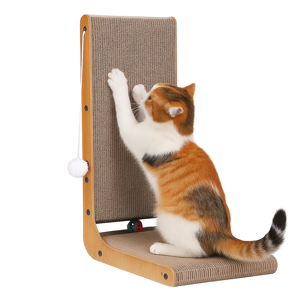 ULTRALAX L Shape Cat Scratching Board with Ball Toy, Reversible Use Scratching Board, High Density Corrugated Scratcher Cardboard Durable Cat Scratchers Pad (Brown, L-Shape D38 x W26 x H60cm)