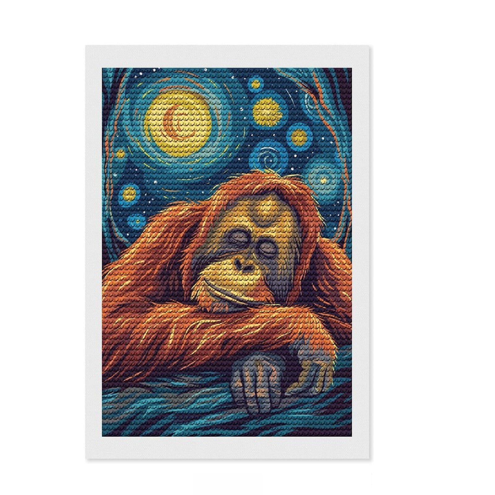 Junmoney Sleeping Orangutan Starry Night Art Diamond Painting Kit 8"x12", Full Kit Included, Calming Craft to Unwind, Office Decor, Gift Idea, Easy to Enjoy