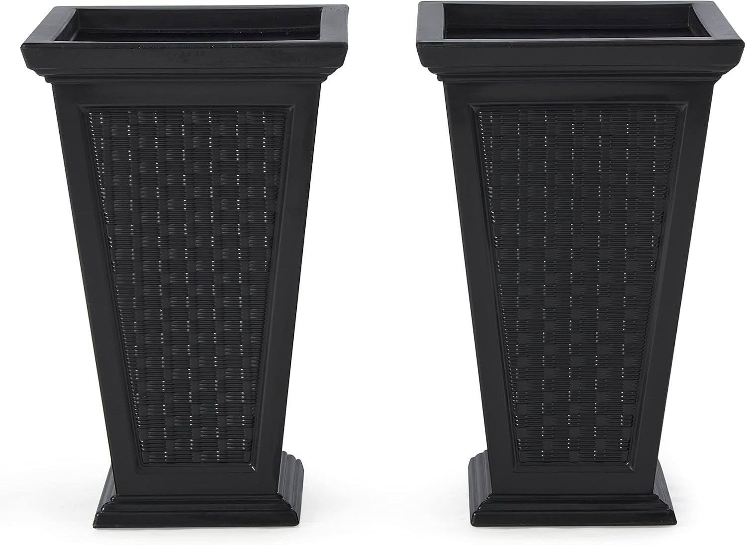 FCMP Outdoor Wicker-Pattern Self-Watering Planter (2-Pack) – Set of 2 Large Planters for Porch, Patio, Outdoor/Indoor (MOD-WP3000-BLK-2) Black (24-inch Tall)