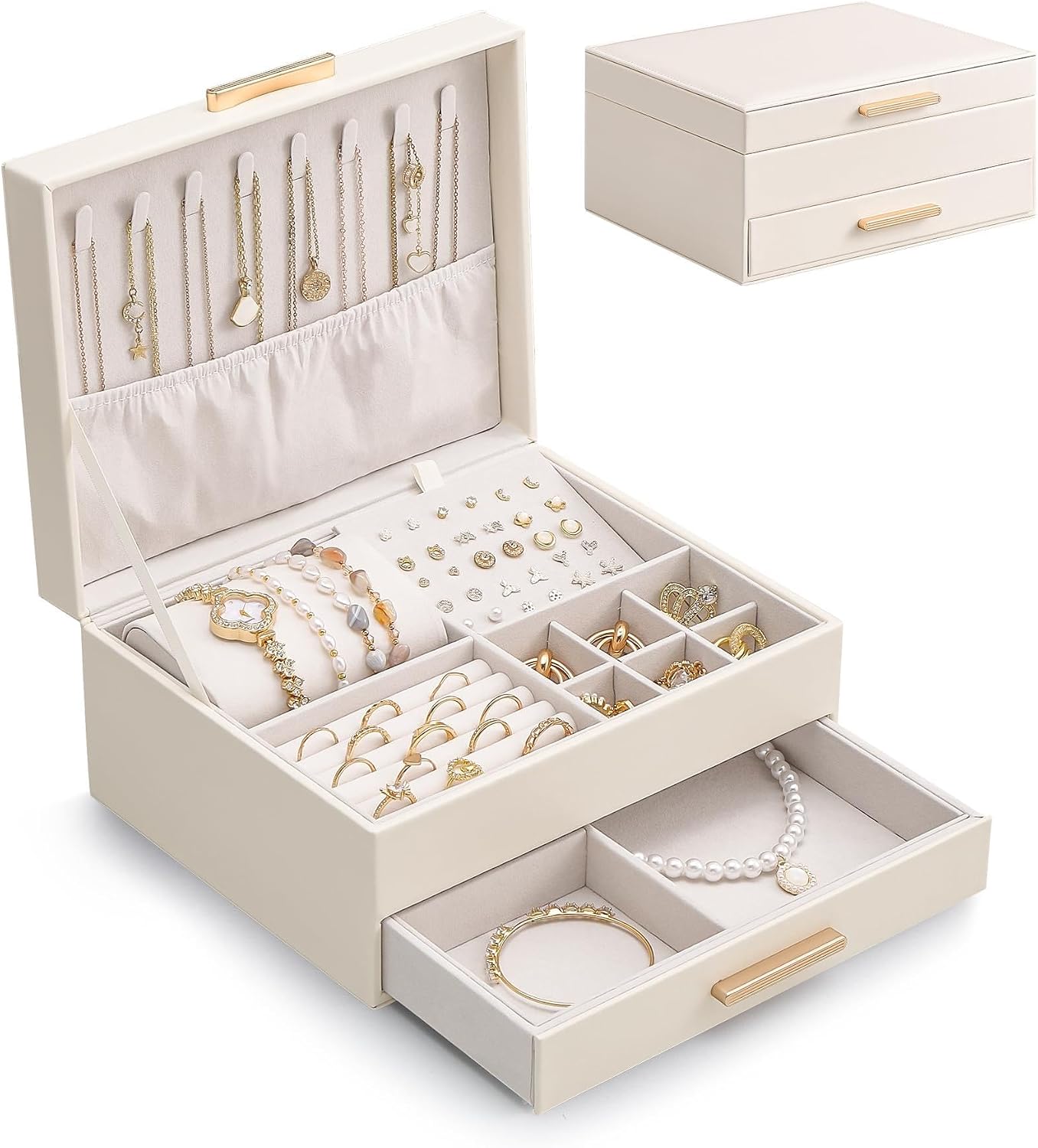 Lolalet 2-Layer Jewelry Box Organizer for Women Girls, Jewelry Storage Case Holder with Drawers for Necklaces Ring Earrings Bracelet Watch, Gifts for Galentines Valentines Girlfriend Wife -White