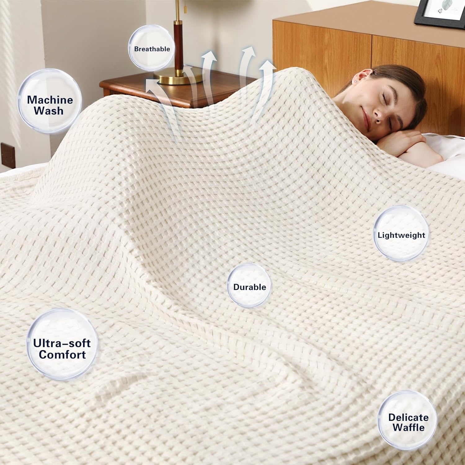 Aganear Waffle Blanket - Lightweight Breathable Summer Blanket of 50% Cotton and 50% Rayon Derived from Bamboo for Hot Sleepers Luxury Throws for Bed, Couch and Sofa,Beige,90x90 Inches - Image 3