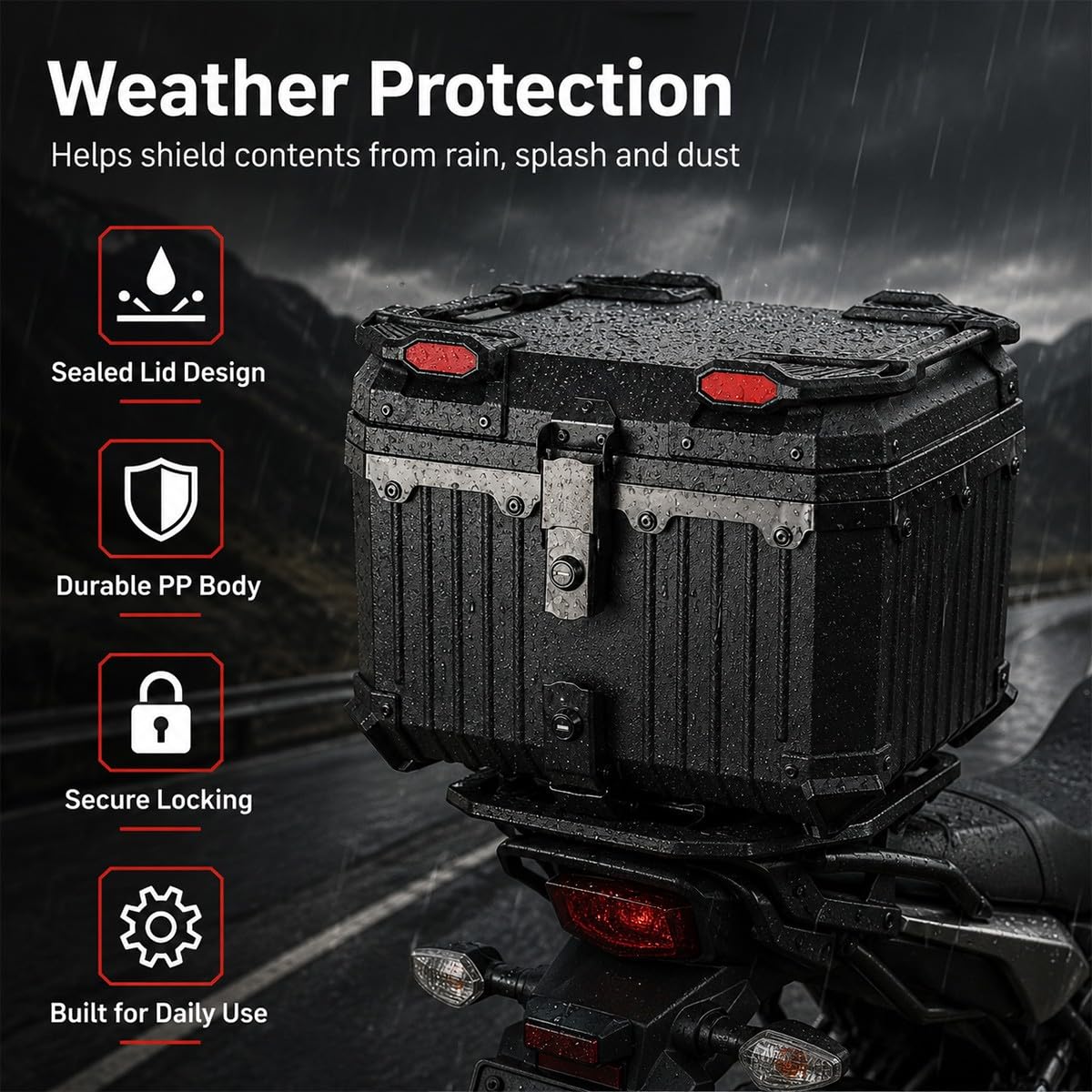 Bauletto Moto 45L 40x33x33cm Nero Opaco Baule Posteriore con Doppia Serratura Piastra a Sgancio Rapido Rivestimento Imbottito Valigia Universale per Scooter E Bike Pendolari Viaggi
