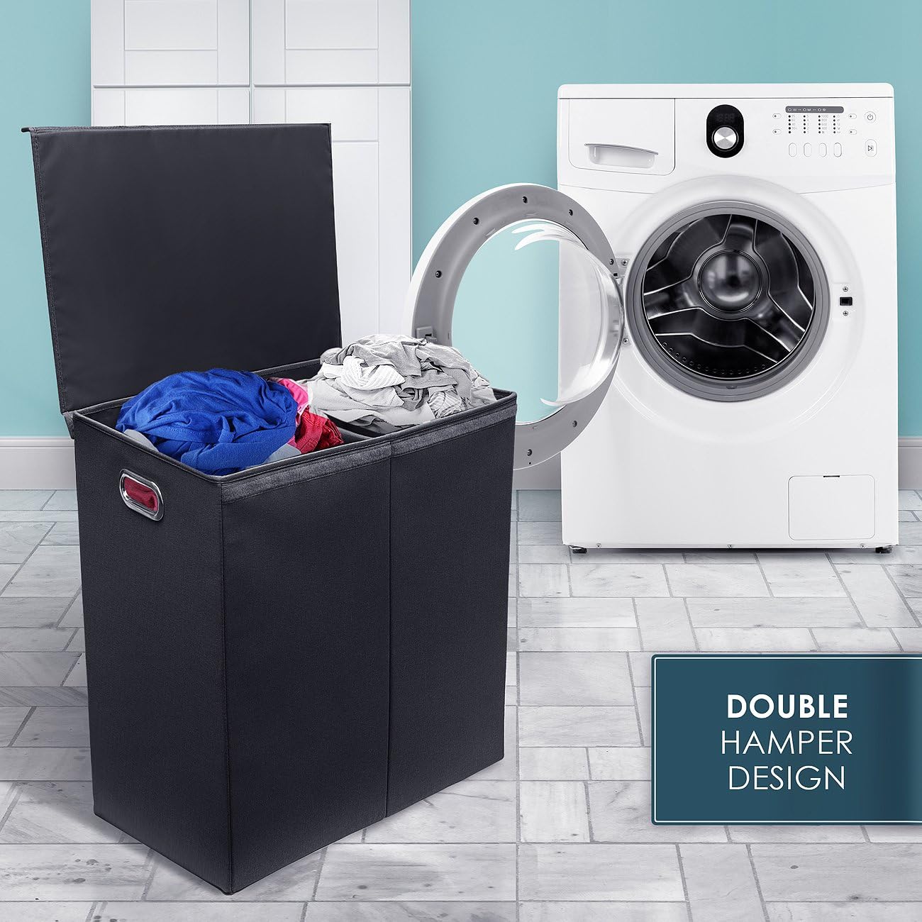 Sorbus Laundry Hamper with Lid Closure – Foldable Double Sorter Detachable Cover and Divider, Built-in Handles for Easy Transport, Black
