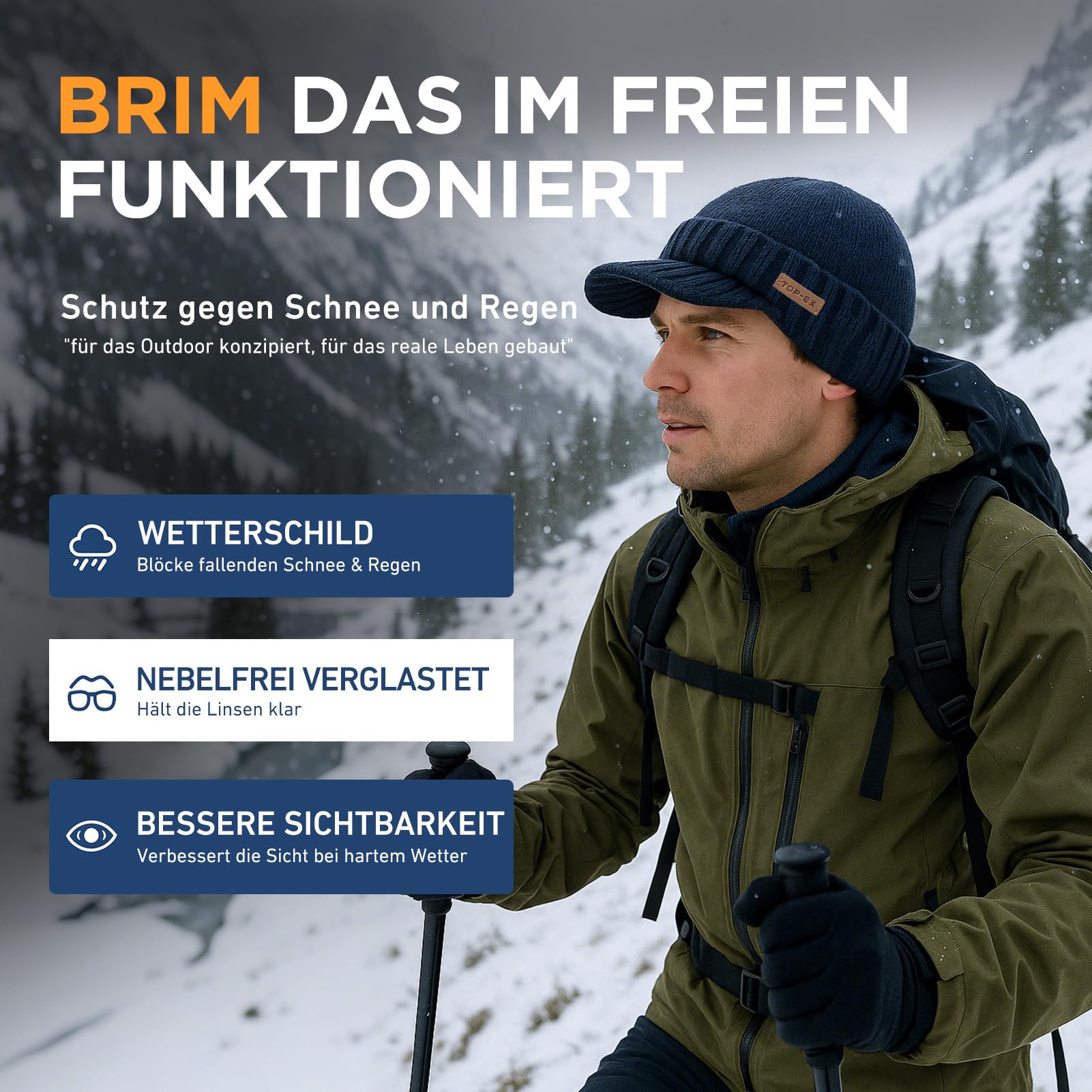 TOP-EX DryKnit - Bonnet tricoté avec visière - Imperméable - Doublure polaire - Chaud pour l'hiver - Mélange de laine