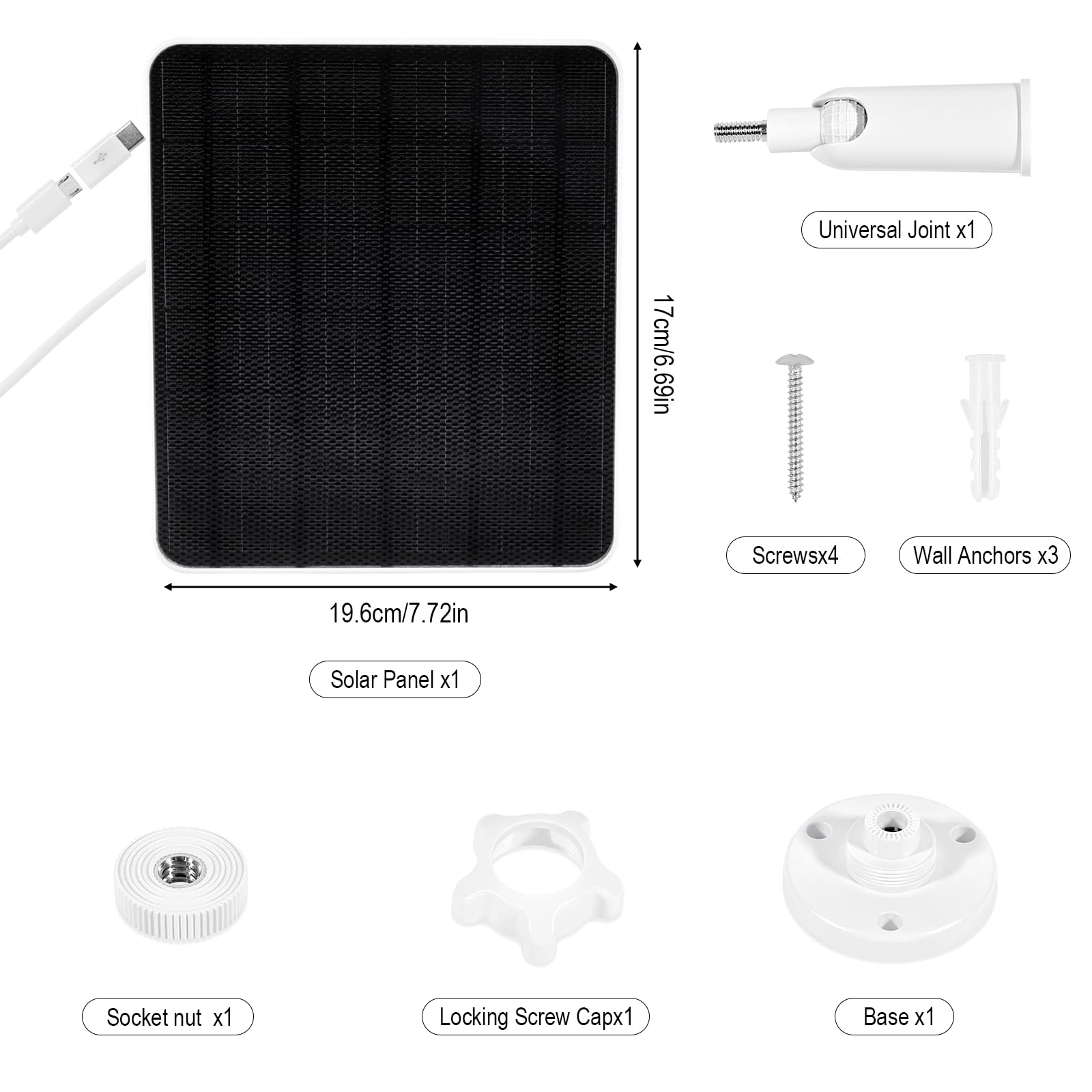 Pannello solare da 6 W per telecamera di sicurezza esterna, caricatore USB/Type-C da 5 V con cavo da 3 m, impermeabile IP65, staffa regolabile a 360°, compatibile con fotocamera a batteria