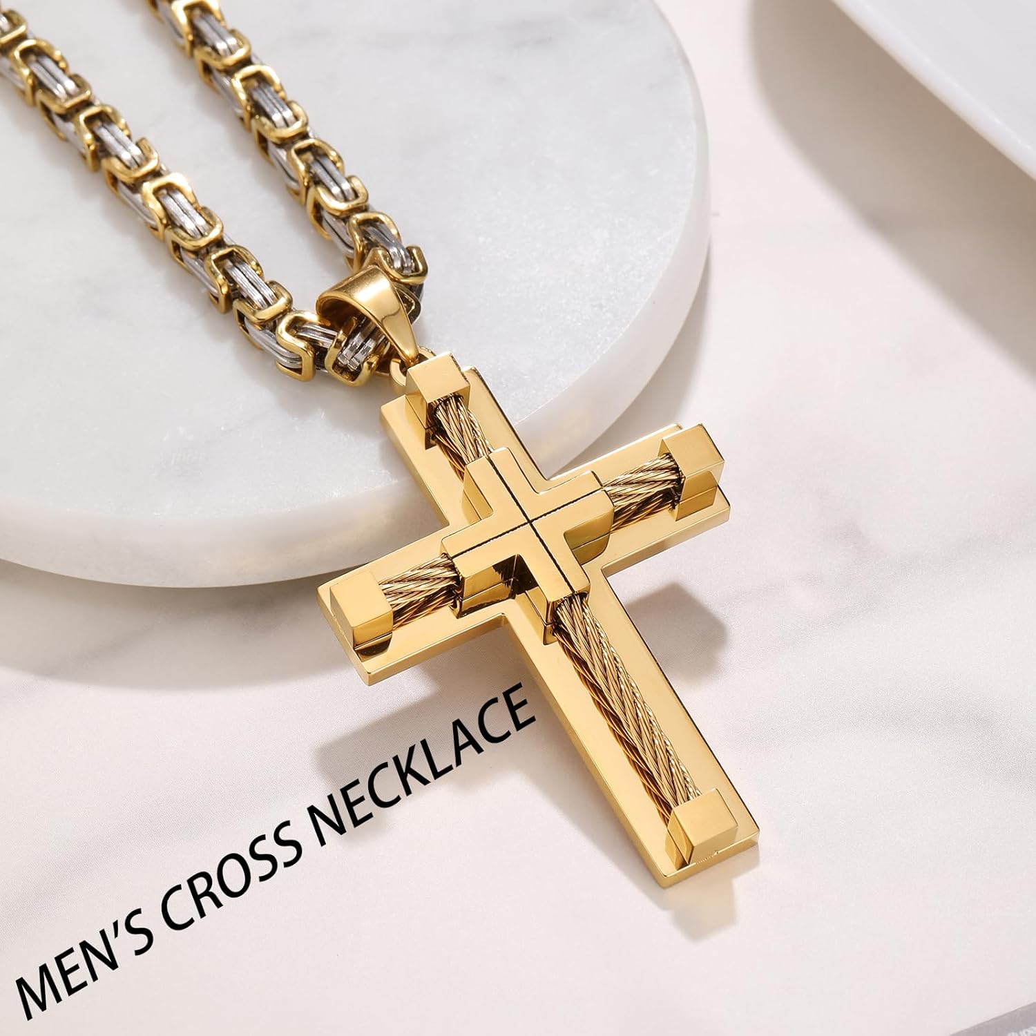 Men's Cross Necklace Stainless Steel Cable Cross Pendant Christ Jesus Belief Jewelry, 24'' Rolo Chain