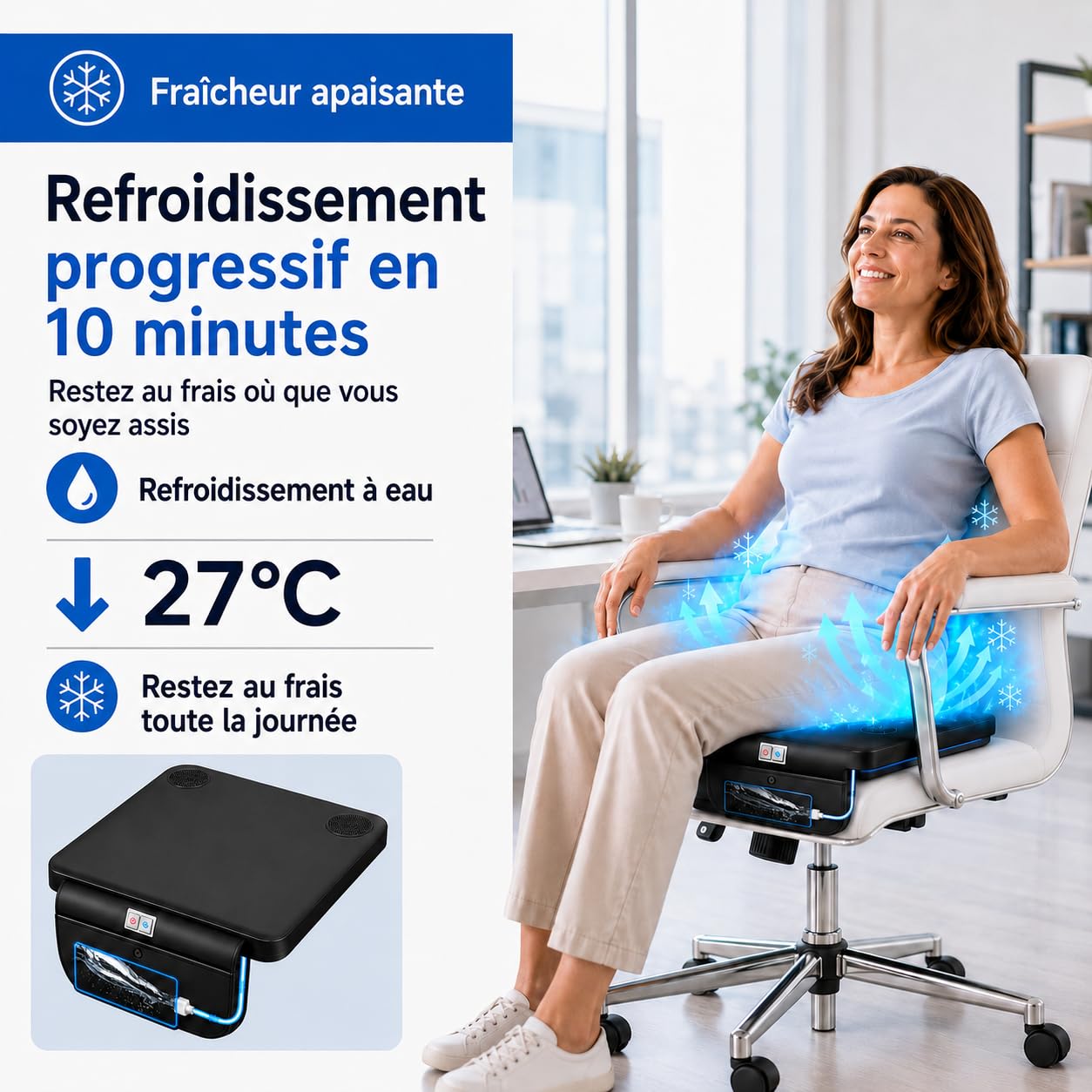 Coussin de siège refroidissant 27°C, 5V/12V/24V, minuterie 4H