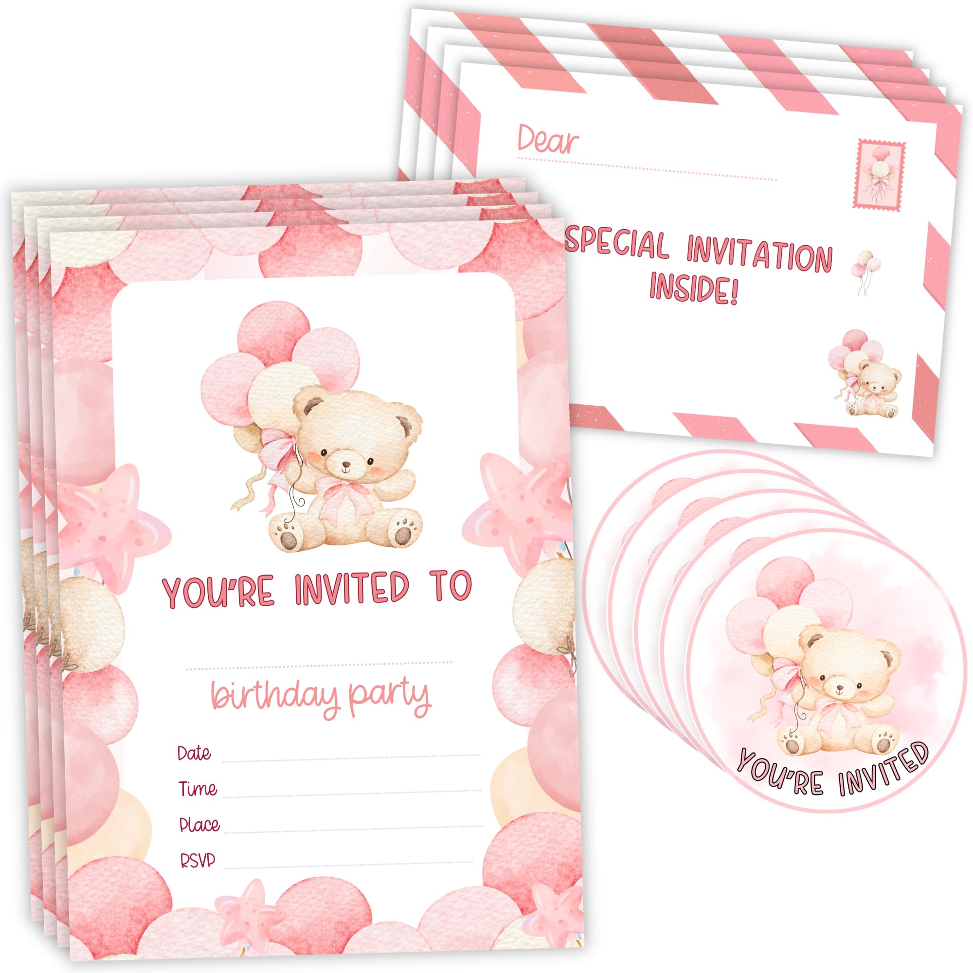 Girls Birthday Party Invitations - 35 Pink Teddy Bear Invites with Stickers