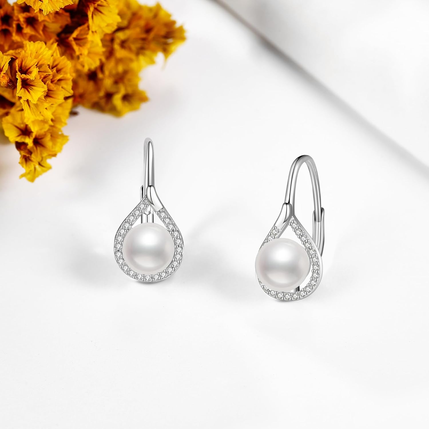 VONALA Pearl Earrings for Women 925 Sterling Silver Pearl Leverback Earrings 6mm Freshwater Pearl Drop Jewelry
