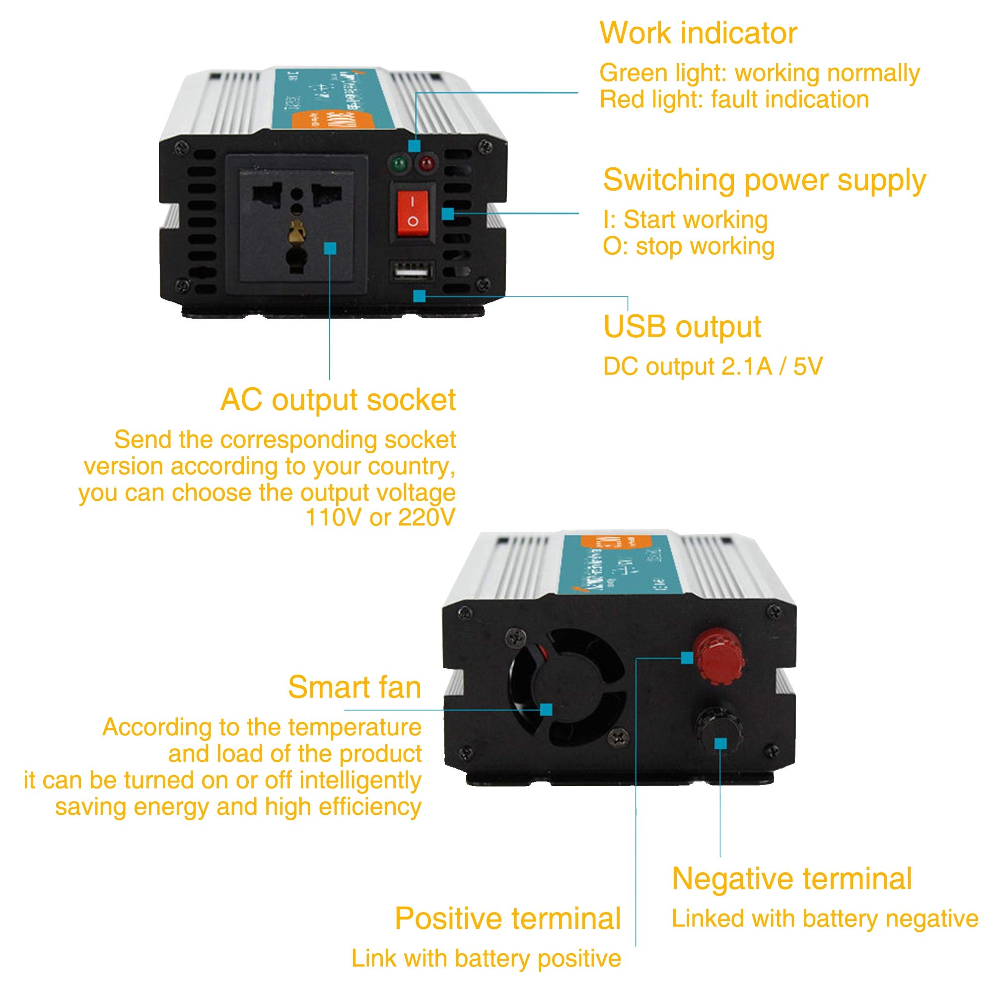 Inversor Corriente Onda Pura, 300 W / 600 W / 1000 W Inversor de Corriente DC a AC, con Toma de AC y Puerto USB, para Tableta, Computadora Portátil, Teléfono Inteligente