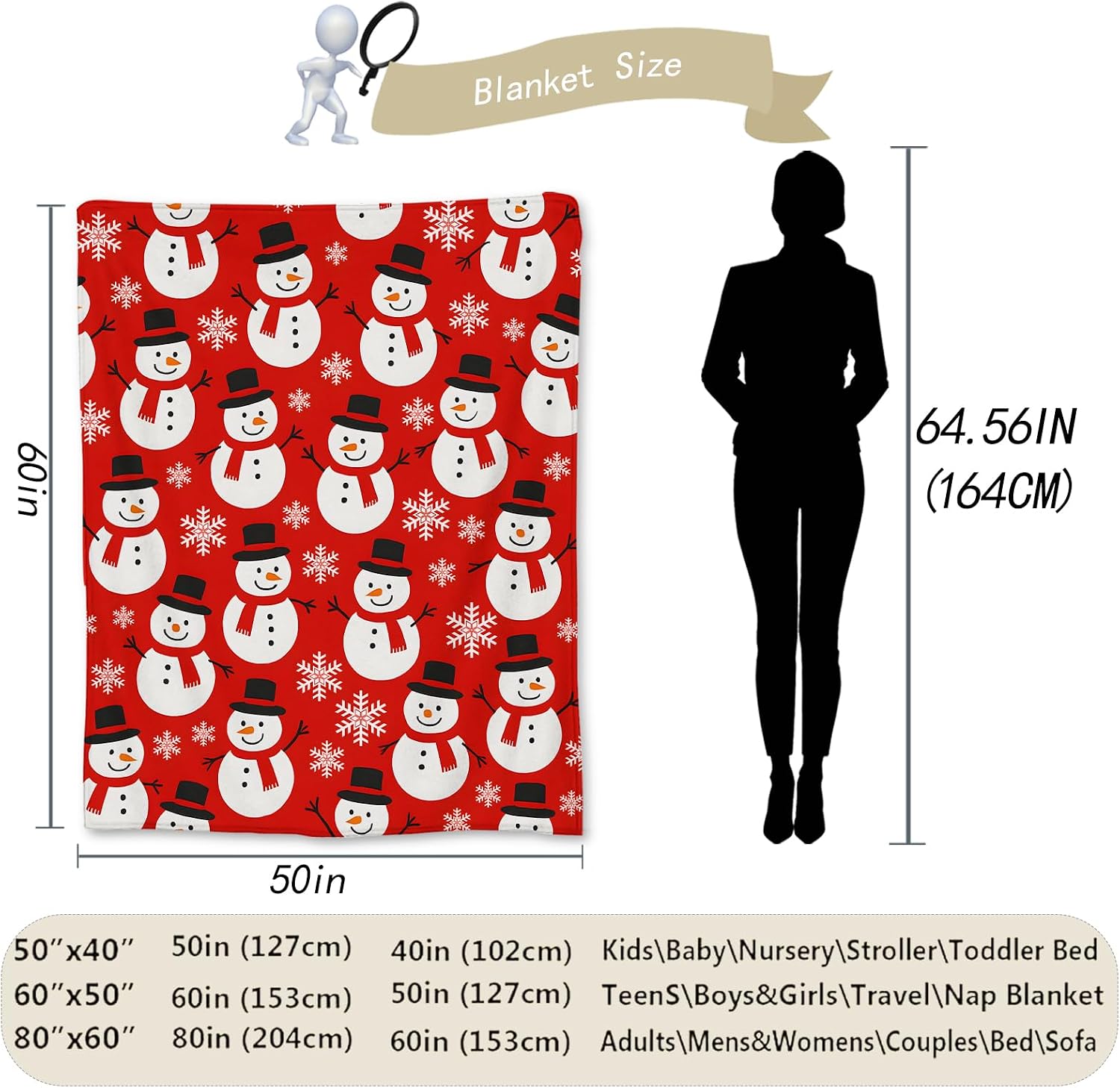 Christmas Snowman Blanket, Soft Lightweight Flannel Cute Snowman & Snowflake Throw Blanket for Couch, Bed, Travel & Home Decor Gifts, Cozy Warm Holiday Blankets for Adults Kids Women Girls 60×50 in