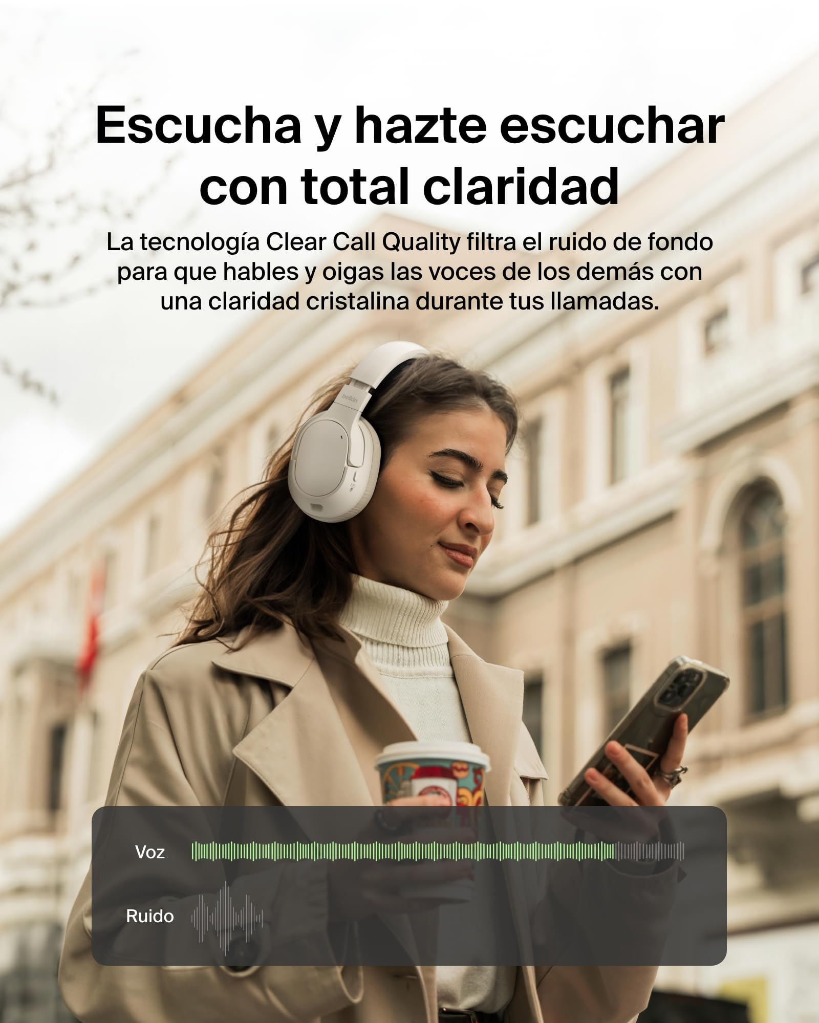 Belkin SoundForm Isolate Auriculares Inalámbricos Bluetooth con Cancelación de Ruido Activa Híbrida, Cascos inalámbricos con micrófono, 60 Horas de autonomía, Almohadillas CloudCushion, Arena