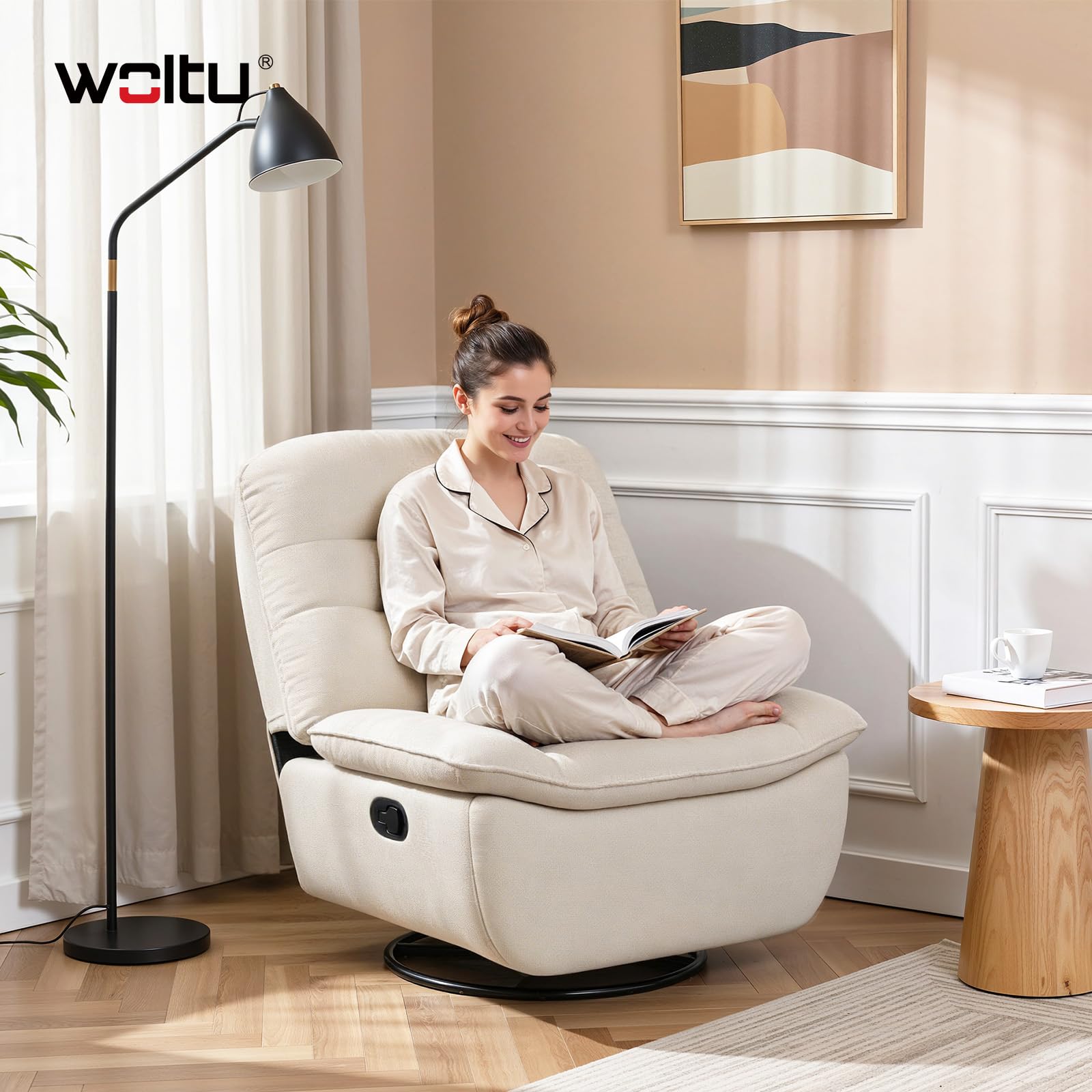 WOLTU Poltrona Relax Reclinabile Manuale, Girevole e Dondolante, Poltrona con Poggiapiedi Pieghevole e Scomparto Laterale, Tessuto Effetto Lino, per Soggiorno, Beige
