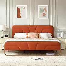 VELOCAVA King Size Velvet Upholstered Platform Bed with Headboard, Modern Rounded Metal Design upported by Metal Base and Wooden Slats, Soft Orange Bed Underbed Storage, No Box Spring Needed