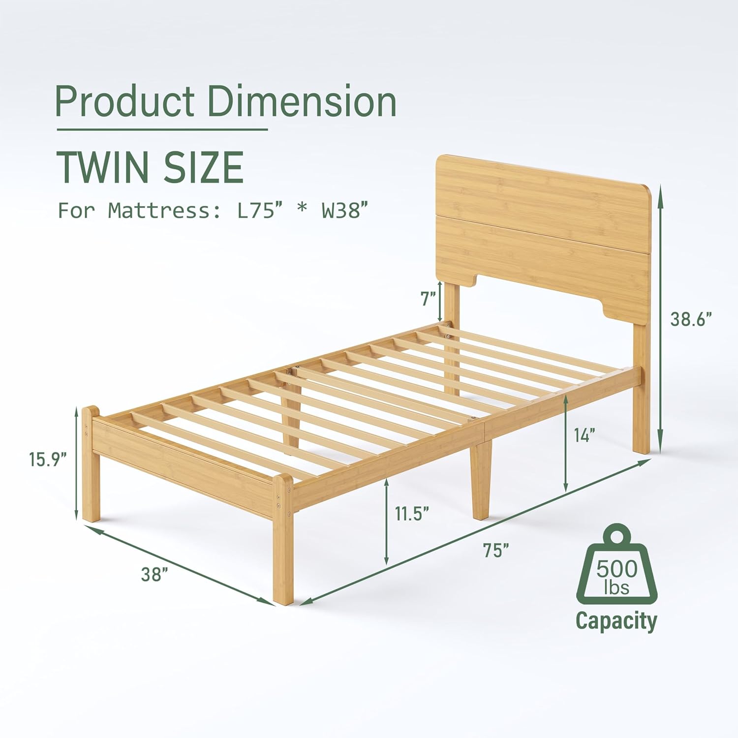 14in High Solid Bamboo Wood Platform Twin Size Bed Frame with Headboard, Reinforced Heavy Duty Metal Slats, Noise Free, No Box Spring Needed, Easy Assembly - Image 2
