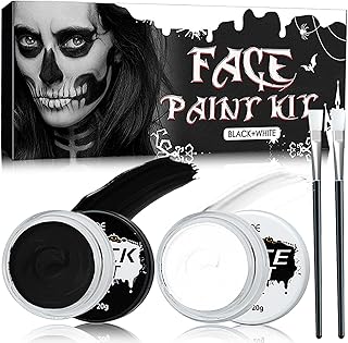 2 PCS Black White Oil Based Face Body Paint Set,Special Effects Makeup Face Painting Kit with 2 Brushes,Full Coverage Halloween Face Paint SFX Makeup Kit for Clown Adults Costume Party Zombie Makeup