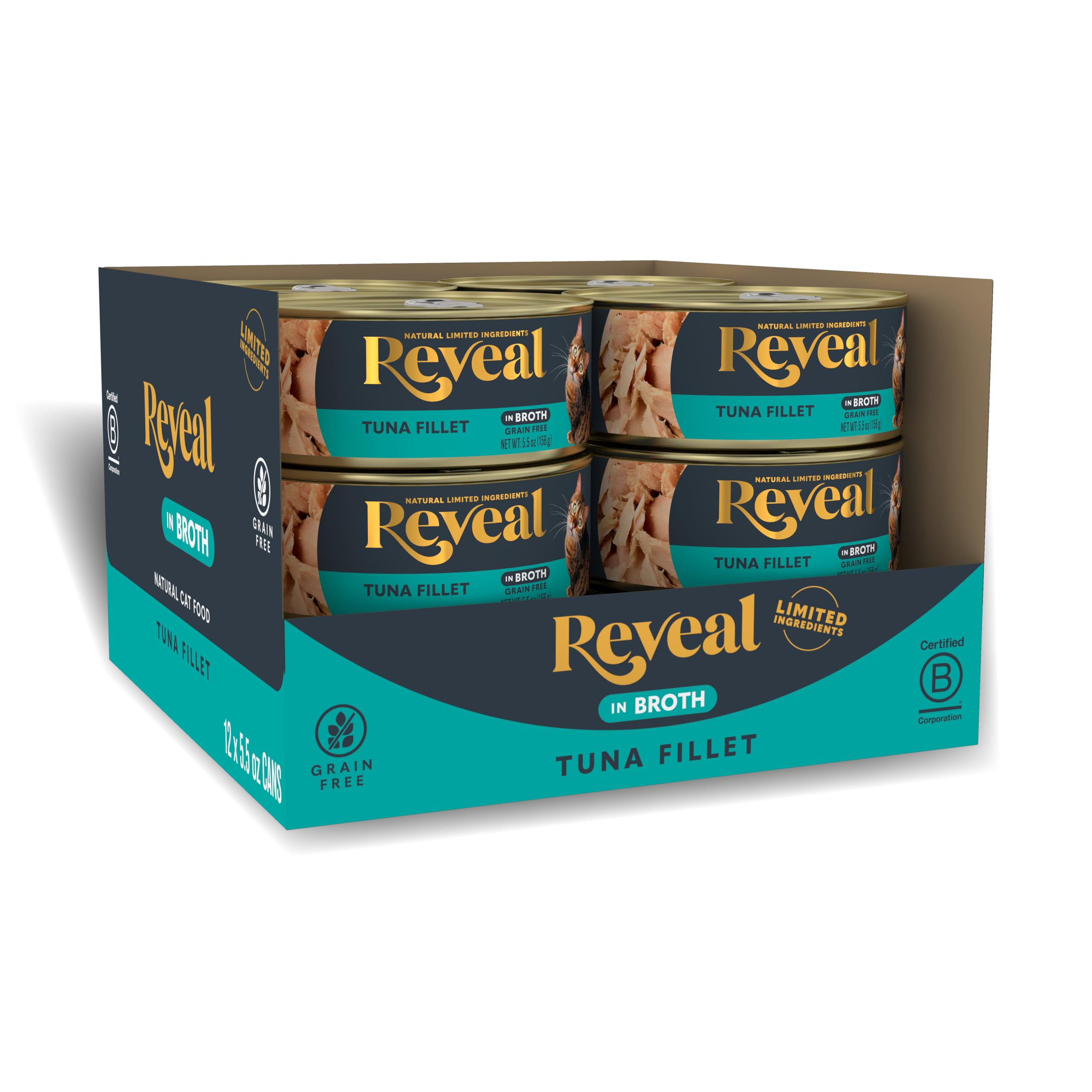Reveal Natural Wet Cat Food, 12 Count, Grain Free, Limited Ingredient Canned Food for Cats, Tuna Fillet in Broth, 5.5 oz Cans