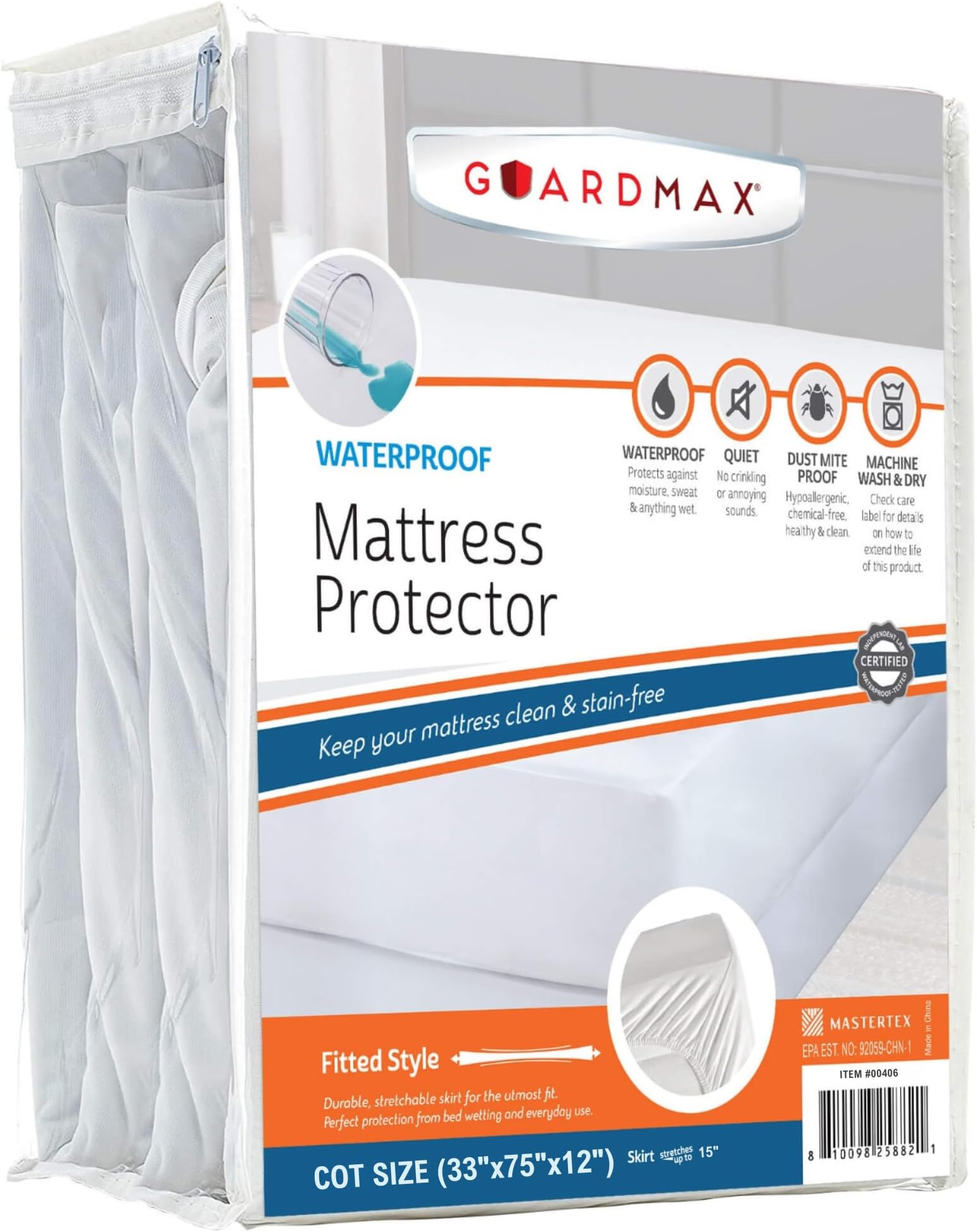 Guardmax Jersey Knitted Cot Size Mattress Protector - Waterproof & Dust Mite Proof Mattress Cover with Stretchable Pockets - Soft, Comfortable, & Noiseless Waterproof Fitted Sheet.(33 x 75 X 12)