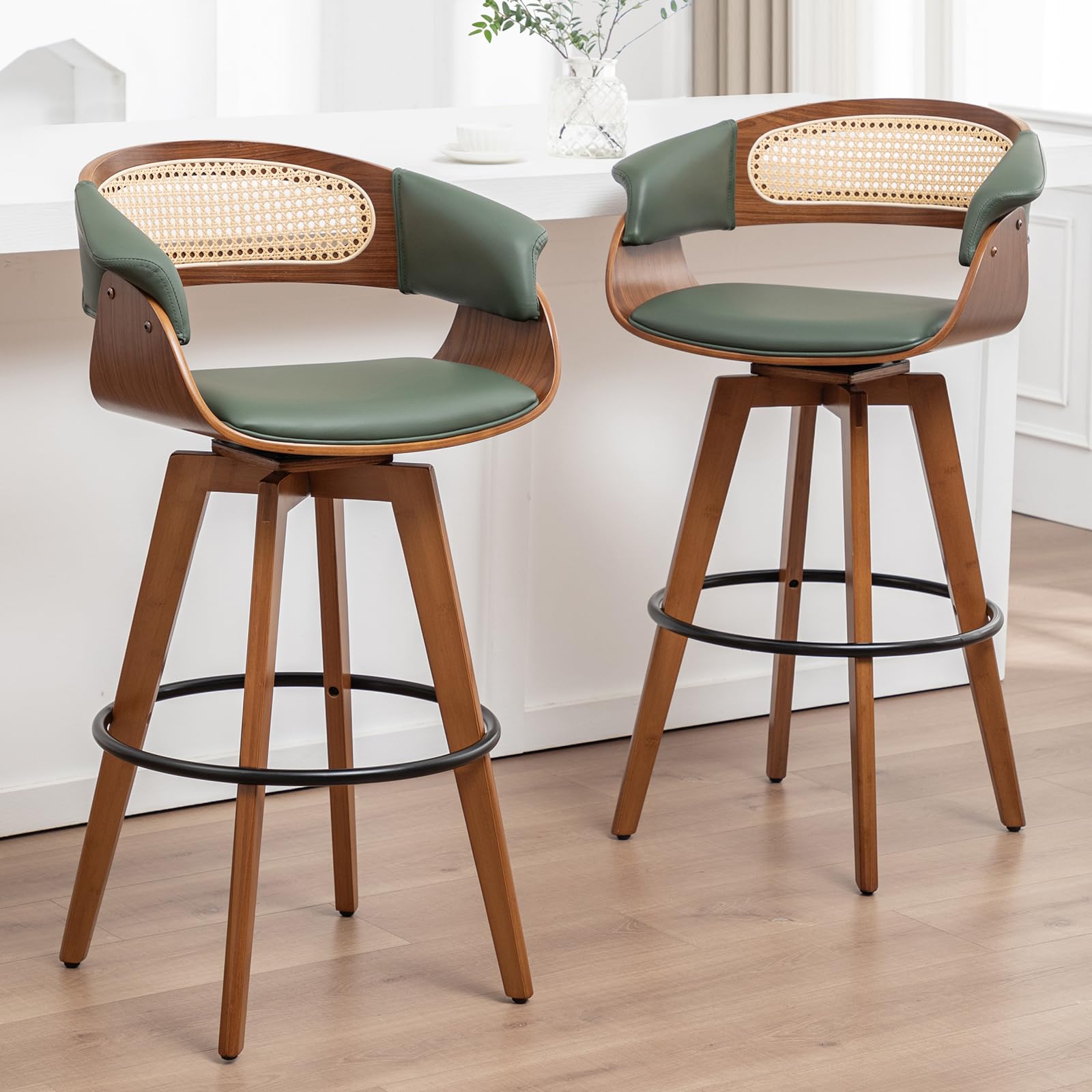 KUNZENT Set of 2 Rattan Swivel Counter Stools - 26.4 inch Mid Century Modern Counter Stools with Cane Back, Upholstered Seat, Curved Arms, Bar Stools