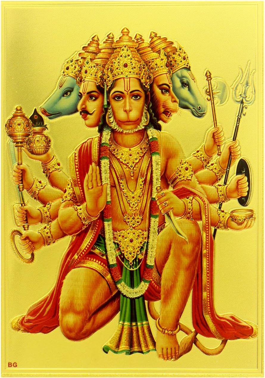 Yogic Mantra Lord Panchmukhi Hanuman Photo | Unframed 5x7 Inch | 180 GSM Gold Foil Paper | Embossed Printing | Hanuman ji Bajrang Bali Wall Decor Poster | Diwali Art Gift | Home Mandir & Office Temple