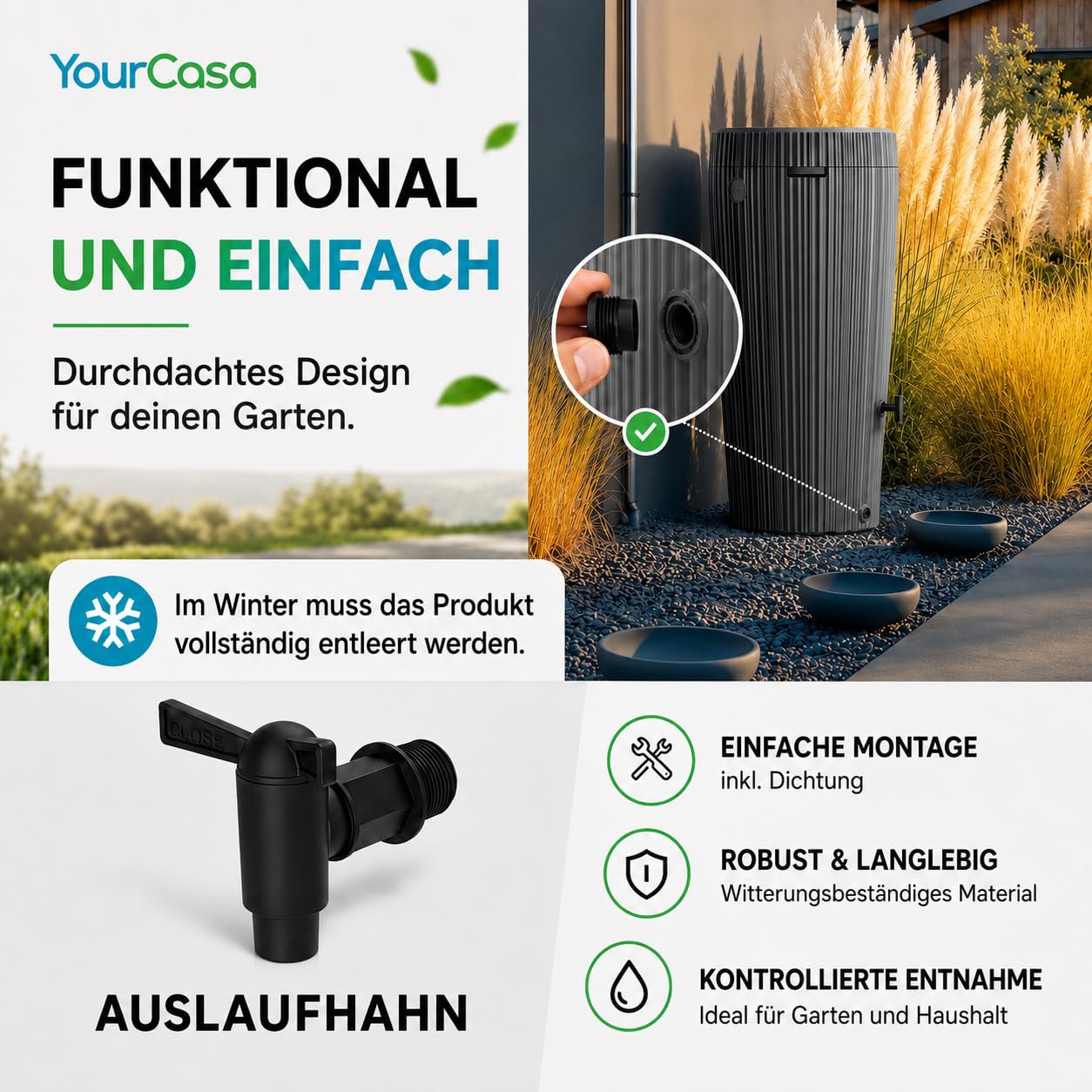 YourCasa Regentonne 210 Liter [EcoVase] mit Wasserhahn - Bepflanzbar - Regenfass Frostsicher Kunststoff - Regenwassertonne - Regenwassertank Garten Wassertank Regensammler (Anthrazit)