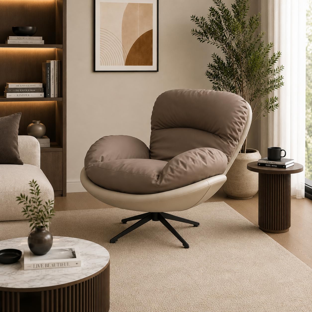 The Attic Shella Lounge Chair,Comfy Chair for Living Room, Relaxing Chair for Bedroom, 360 Chair; Caramel, Cream-image-47
