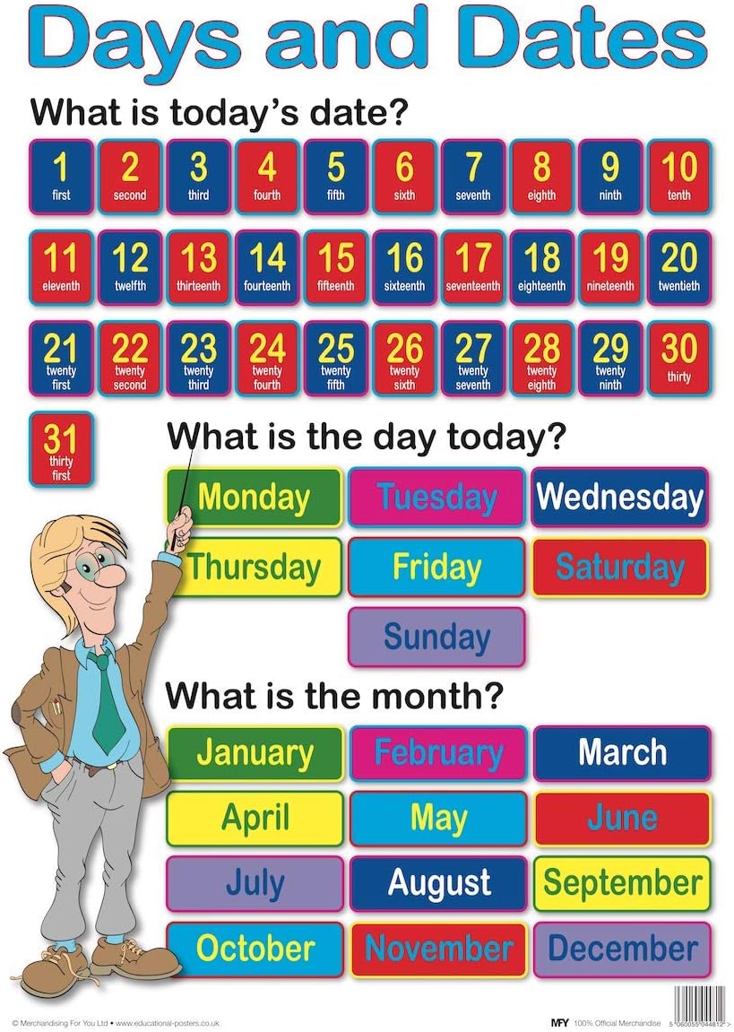 Days And Dates Educational Posters & Colourful Wall Charts for Children – Engaging Classroom Posters for Kids – Laminated School Posters in Assorted Designs by MFY