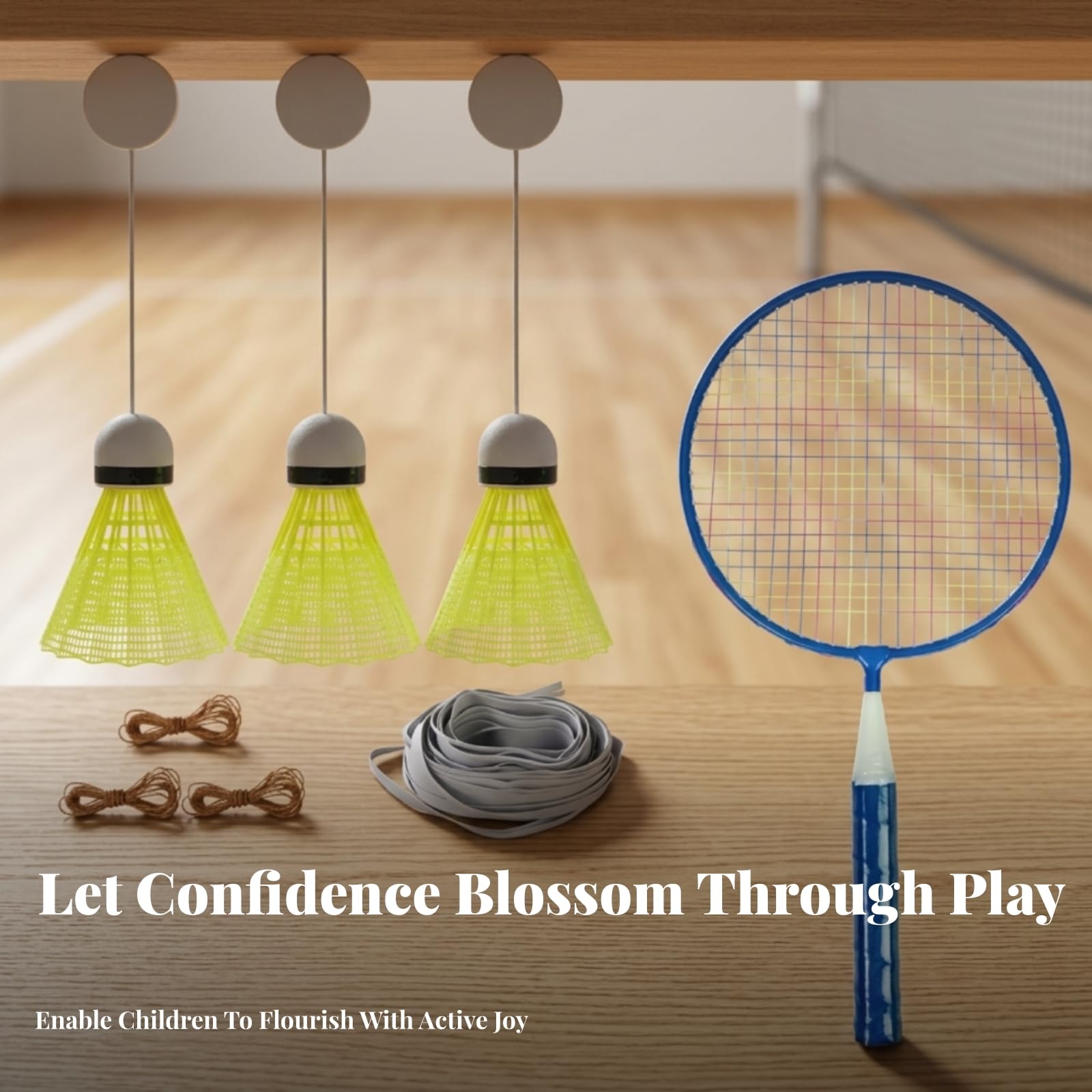 Bambini Badminton Kit Allenamento in Solitaria a Sospensione Volano con Ganci Montaggio a Soffitto Materiale Plastica Nylon