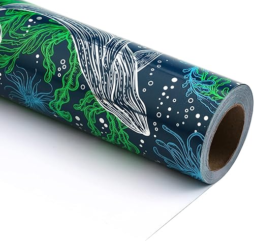 Vista 191 de WRAPAHOLIC Papel de regalo reversible, mini rollo, 17 pulgadas x 33 pies, adorable diseño de gato y azul sólido para cumpleaños, vacaciones