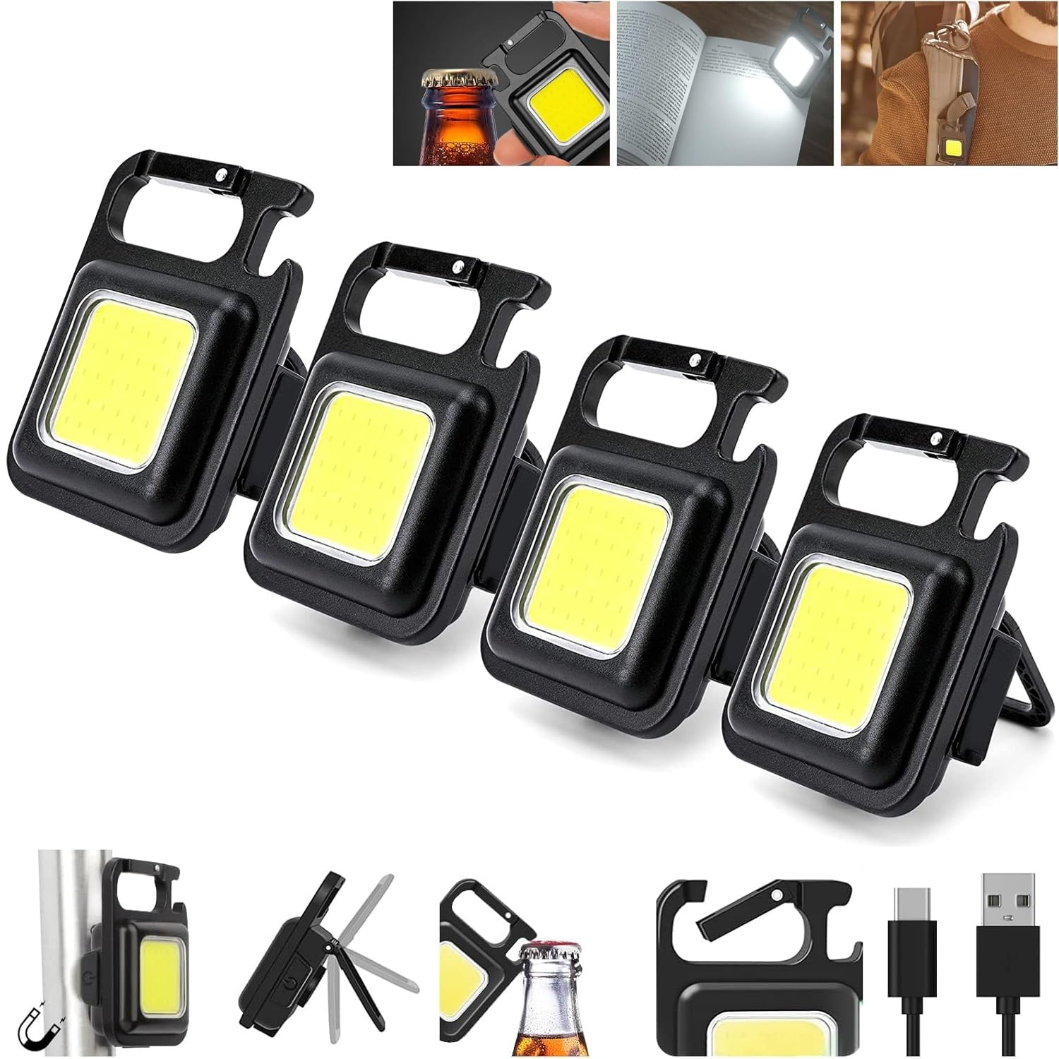 VASA NAMA 4 PCS Small LED Flashlight, Mini COB LED Torch, Rechargeable Inspection Lamp Keychain Flashlight Multifunctional Portable Pocket Light with Hook Magnetic Base Small Flashlight-image-8