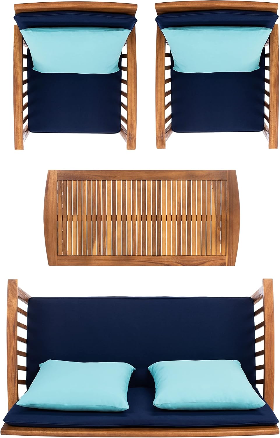 SAFAVIEH Outdoor Collection Rocklin Natural/ Navy Cushions/ Light Blue Pillows 4-Piece Conversation Patio Set