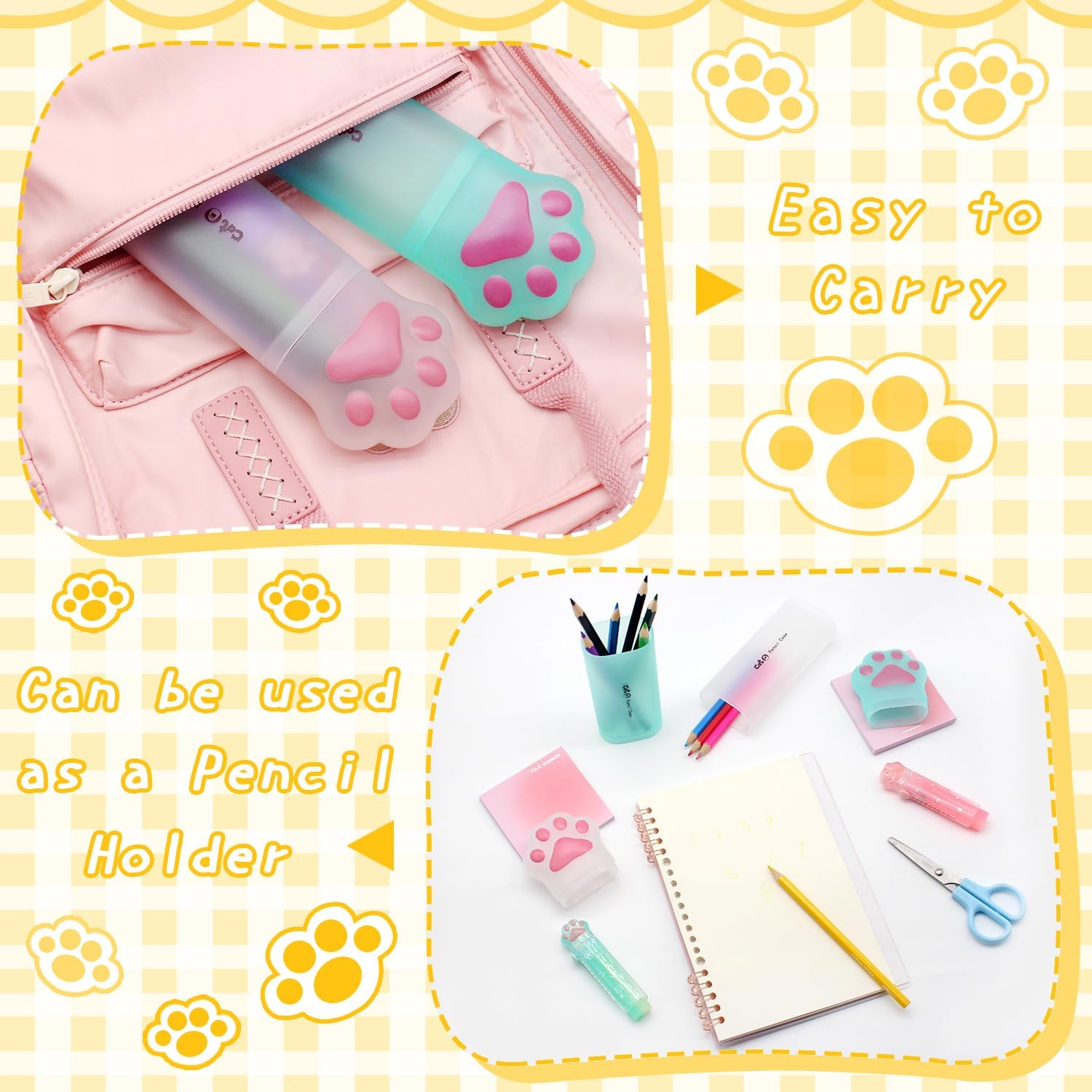 Benvo Cat Paw Pencil Holder Plastic Kitten Pencil Case Storage Organizer for Pencils Pens Rulers, Office Portable Desk Accessories (White/Mint Green, Pack of 2) image 4