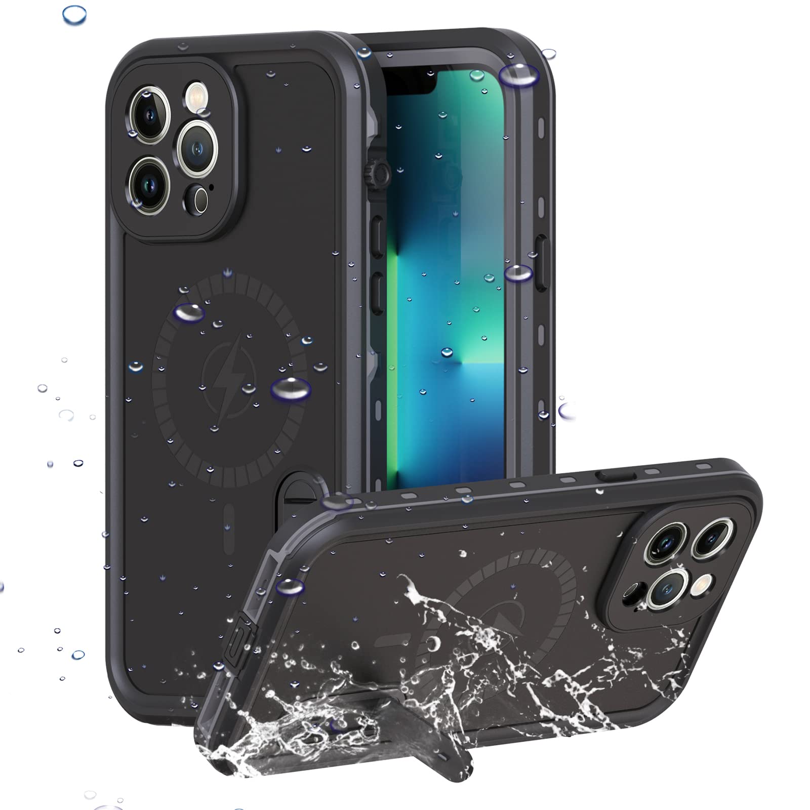 Omio for iPhone 13 Pro Max Waterproof Case Compatible with MagSafe, Magnetic Full Body IP68 Shell with Built-in Screen Protector Military Grade Shockproof Cover with Stand for Men Women Black