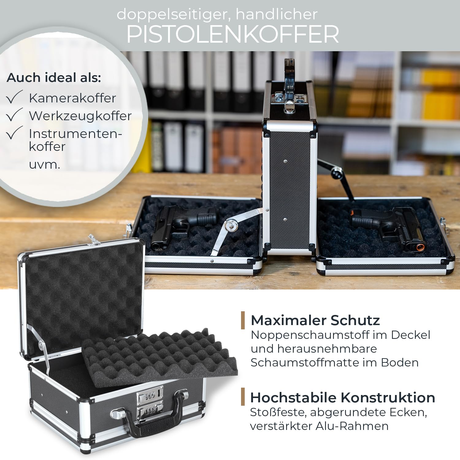 HMF 14411-02 Alu Waffenkoffer für 2 Pistolen | Doppelseitig | 31 x 26 x 15 cm | Schwarz