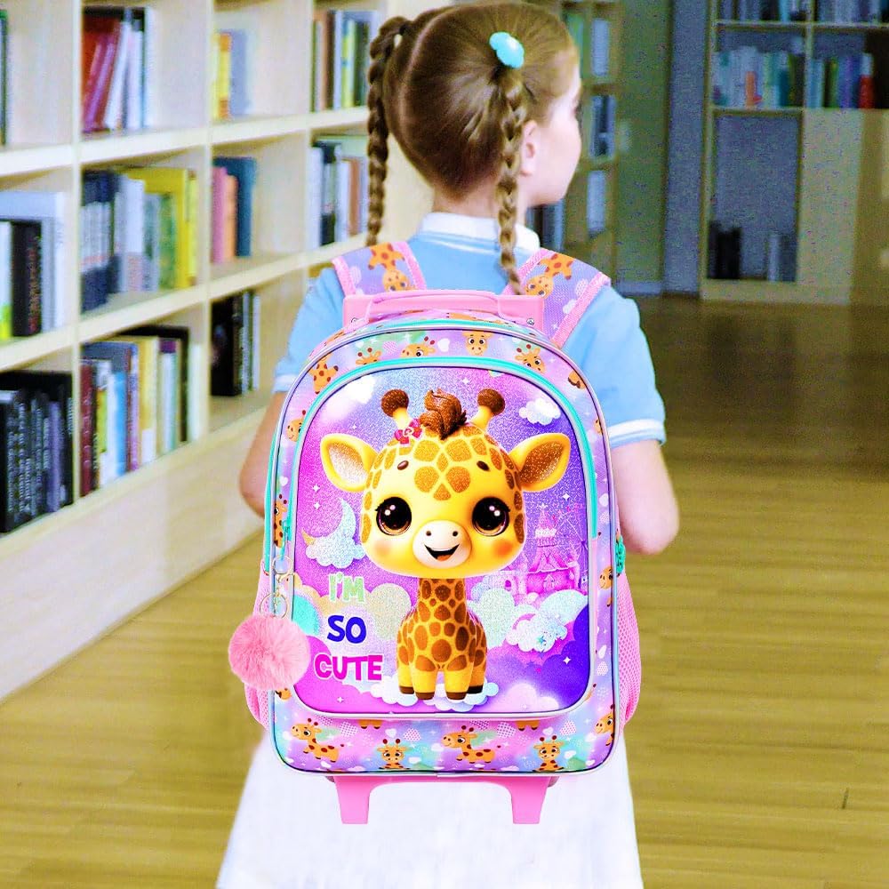 3PCS Giraffe Rolling Backpack for Girls, Kids School Backpacks with Wheels, Water Resistant UV Printed Roller Wheeled Bookbag Set