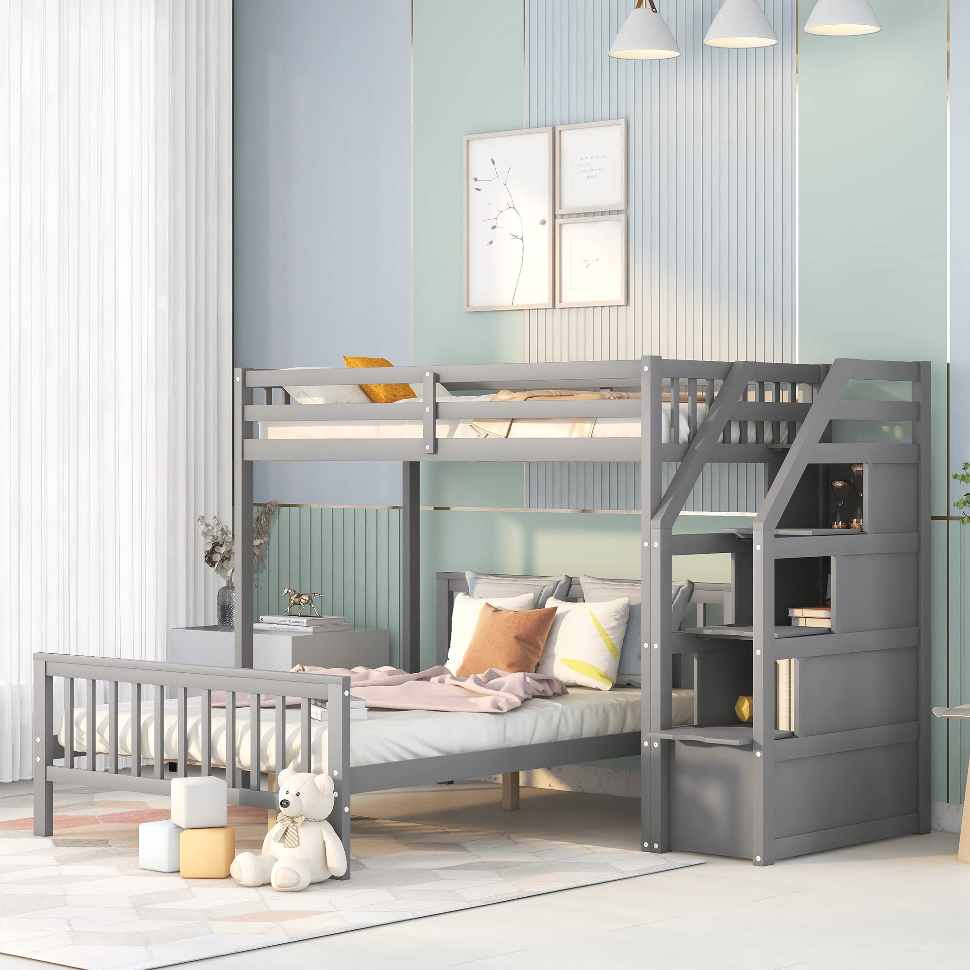 Amazon.com: Harper & Bright Designs Twin Over Full Bunk Beds with Storage  Stairs, Wooden Stairway Bunk Beds with Removable Bottom Bed and Guardrails  for Kids Girls Boys ,No Box Spring Needed (Grey) :