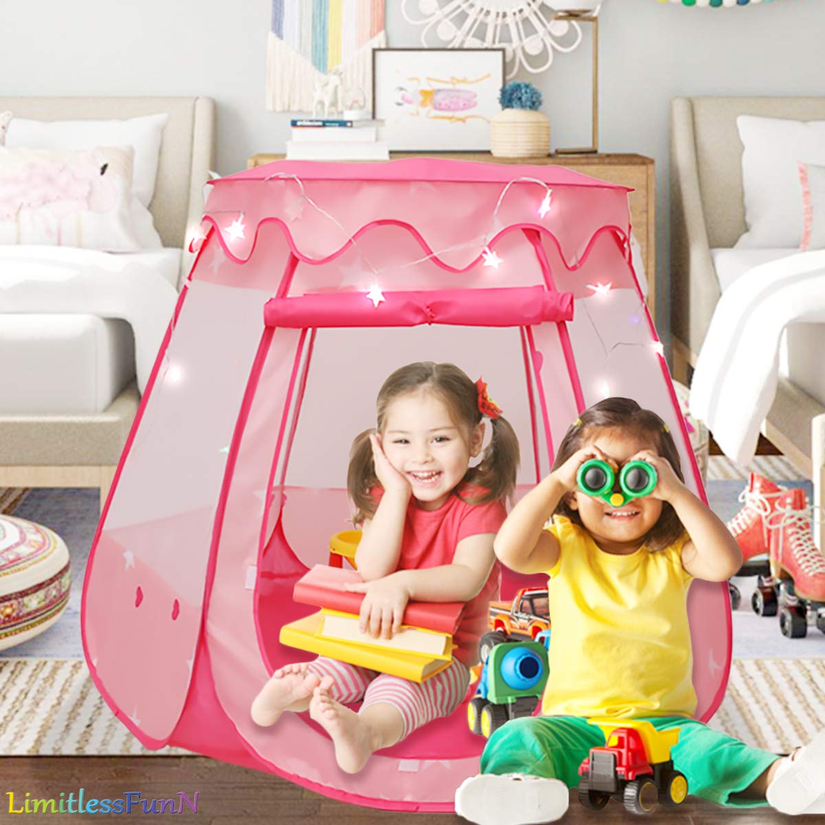 Tienda de campaña desplegable de princesa para niños, incluye luces de estrellas y estuche de transporte, casa de juegos para interiores para niños de 1, 2, 3 años, bebé, niños pequeños, 2