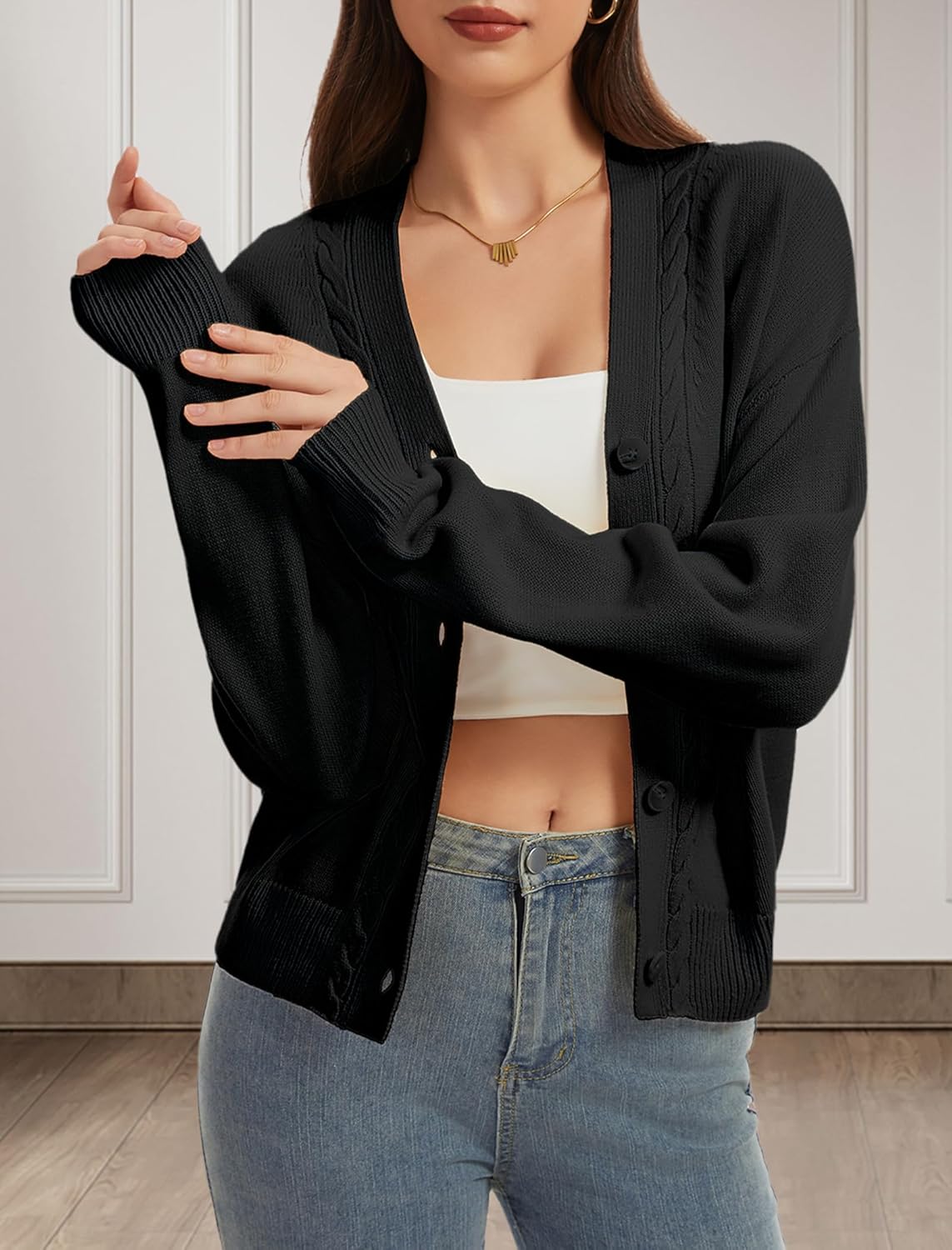 Women's Oversized Cardigan Sweater V-Neck Cable Knit Chunky Open Front Sweater Button Down Long Sleeve Coats - Image 5