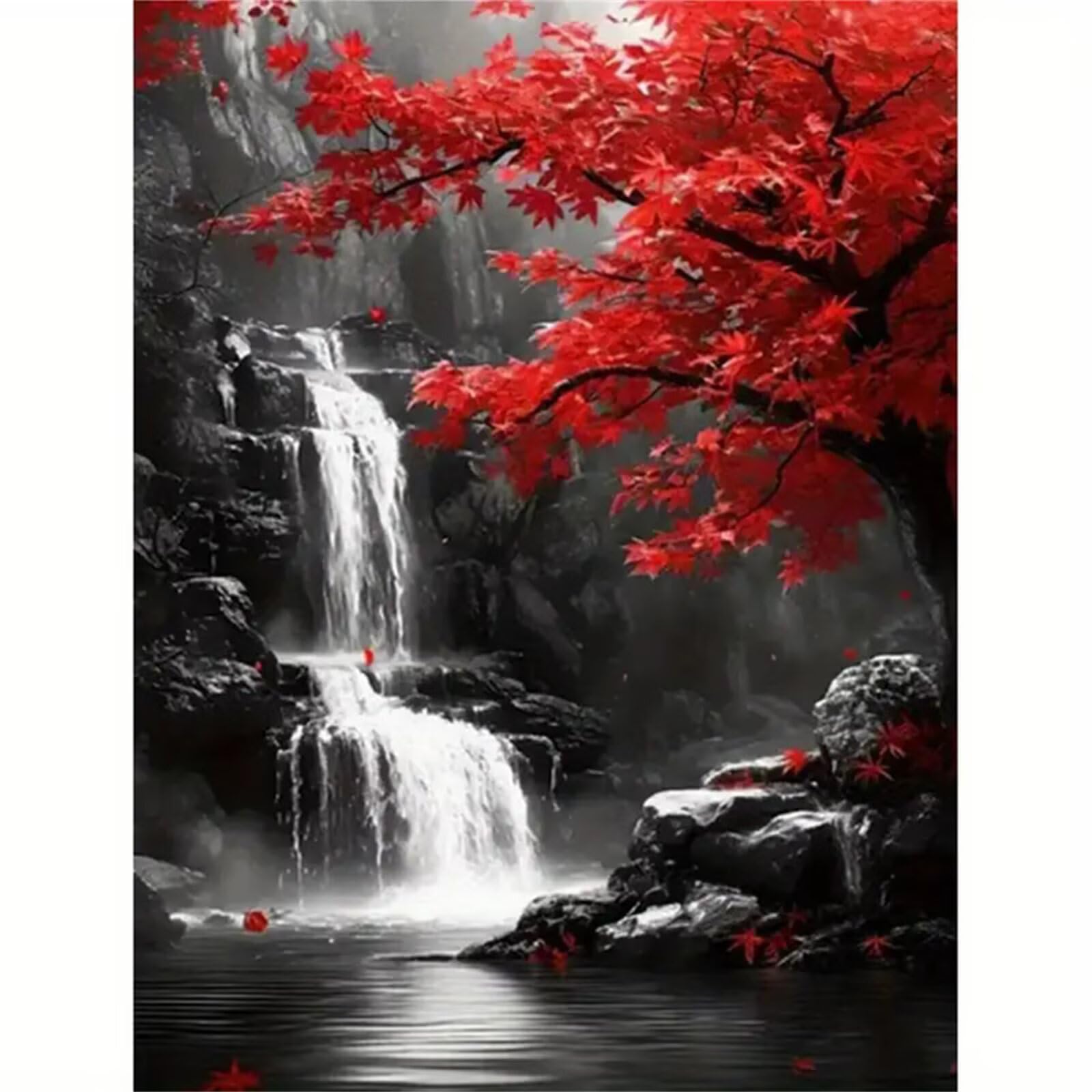 Cascada de hojas de arce rojas Pintar por Numeros con marco DIY Cuadro Con Números Kit de Pintura al óLeo Digital para Adultos de Lienzo Paint by numbers Kits Manualidades para Hogar Decor 60x75 cm